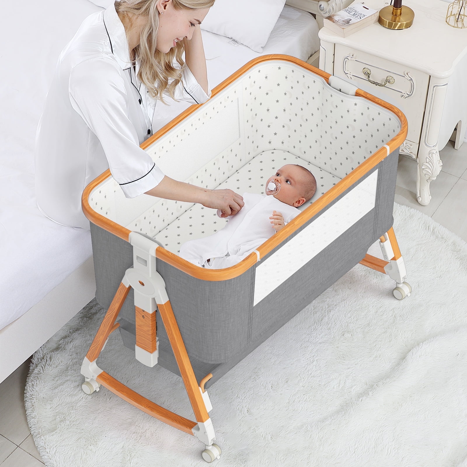 KORIMEFA Portable Crib for Baby, Baby Playards, Bedside Bassinet with Wheels, Heigt Adjustable, with Mosquito Nets, Large Storage Bag, for Infant Baby Newborn