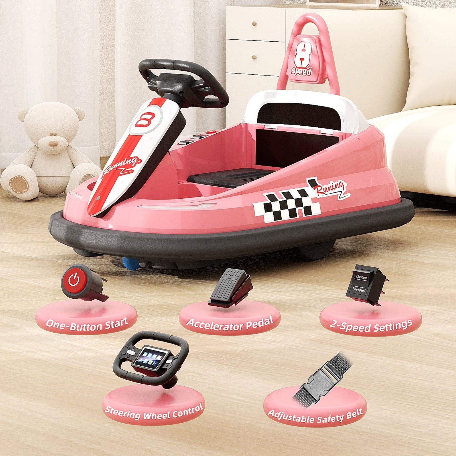 KORIMEFA 6V Electric Ride On Bumper Car for Kids & Toddlers 1-4 Years Old, Baby Boy Riding Bumping Toy Gifts Cars, Pink