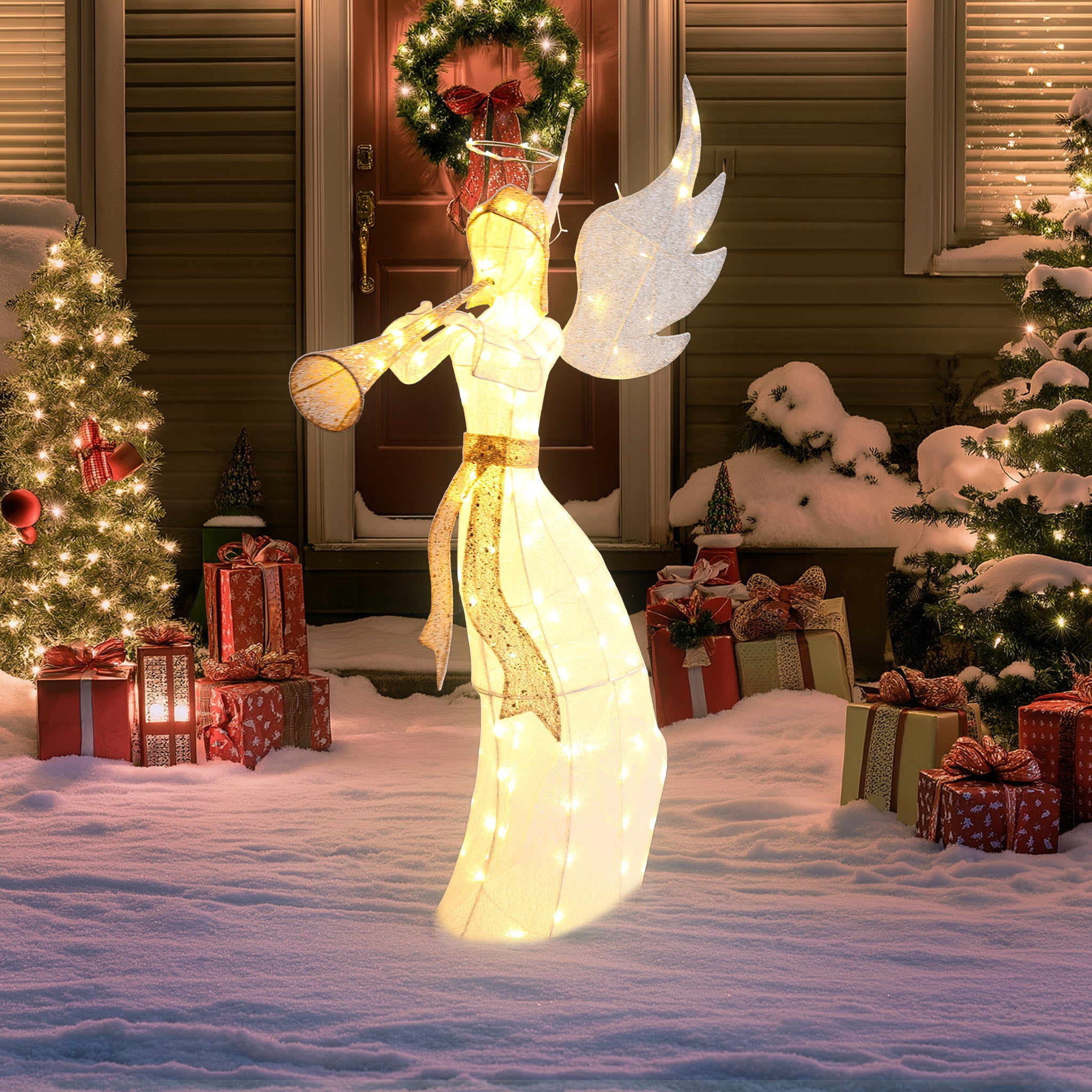 Masiis 4.9ft Lighted Outdoor Angel Christmas Decoration, 3D Pre-Lit Winged Holiday Figure for Lawn with 120 LED Lights