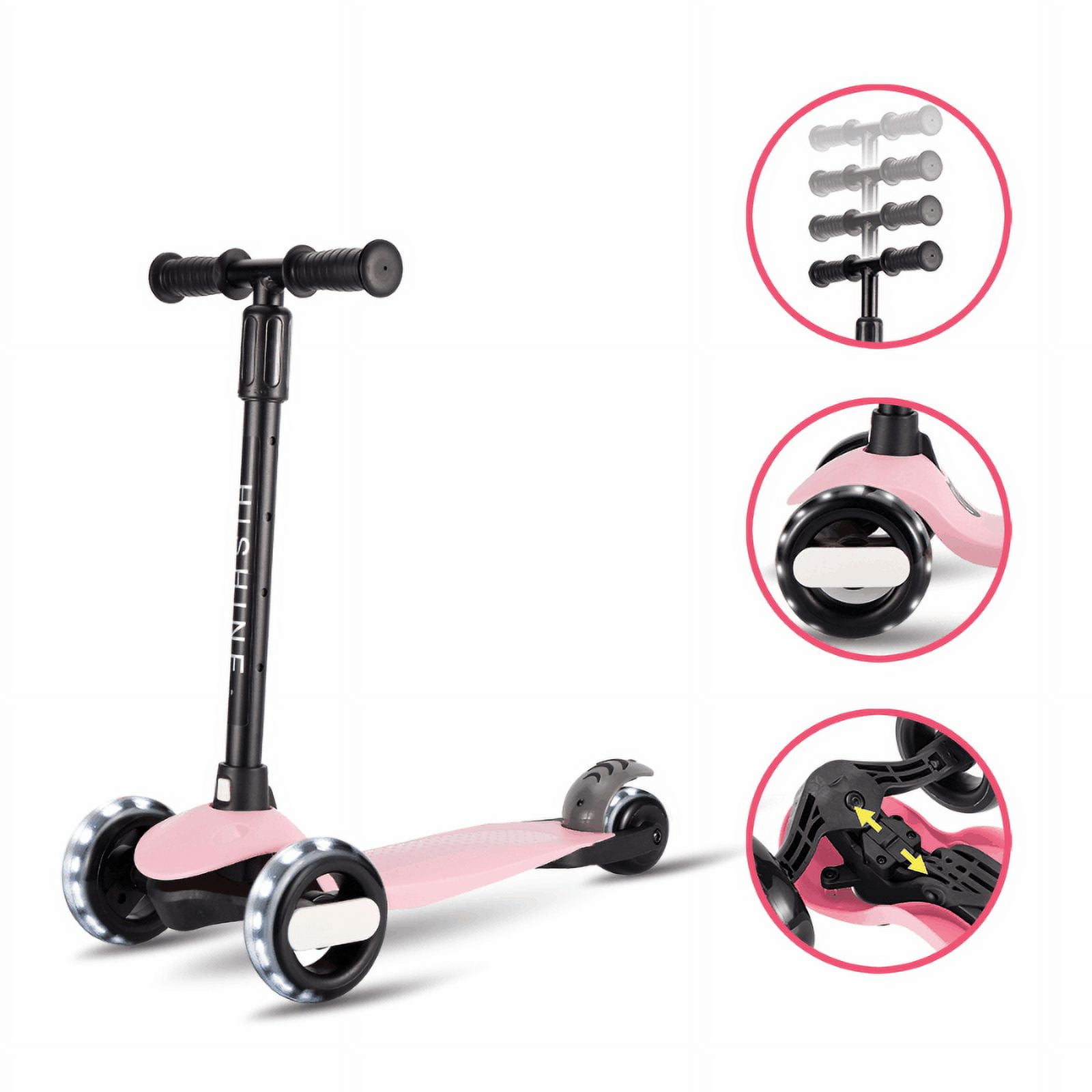 Kick Scooter for Kids with 3 Big Light Up Wheels, Lean to Steer, Adjustable Height, Wheel Scooter for Boys Girls Toddler, Pink