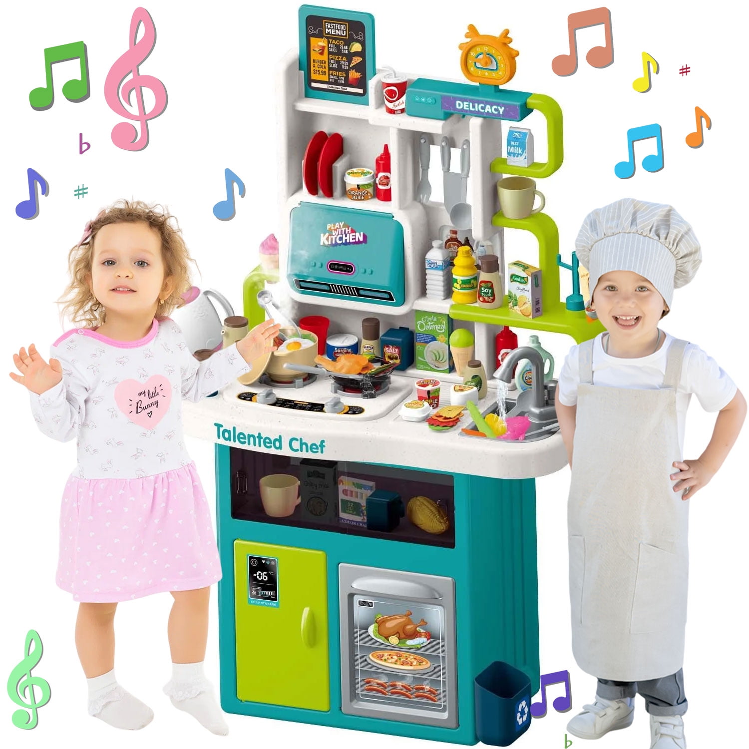 Kid Odyssey 41 inch Play Kitchen Set, 103 PCS Kids Kitchen Playset with Light, Sound, Sink& Water Spray,Pretend Play Food Toys for Boys Girls Ages 4-8