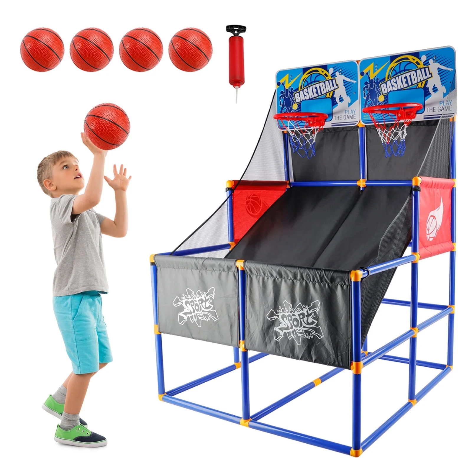 Kids Basketball Game, Basketball Arcade Game for 2 Players with 4 Balls & Inflation Pump, Indoor Outdoor Sport Play Basketball Toy Set for Home