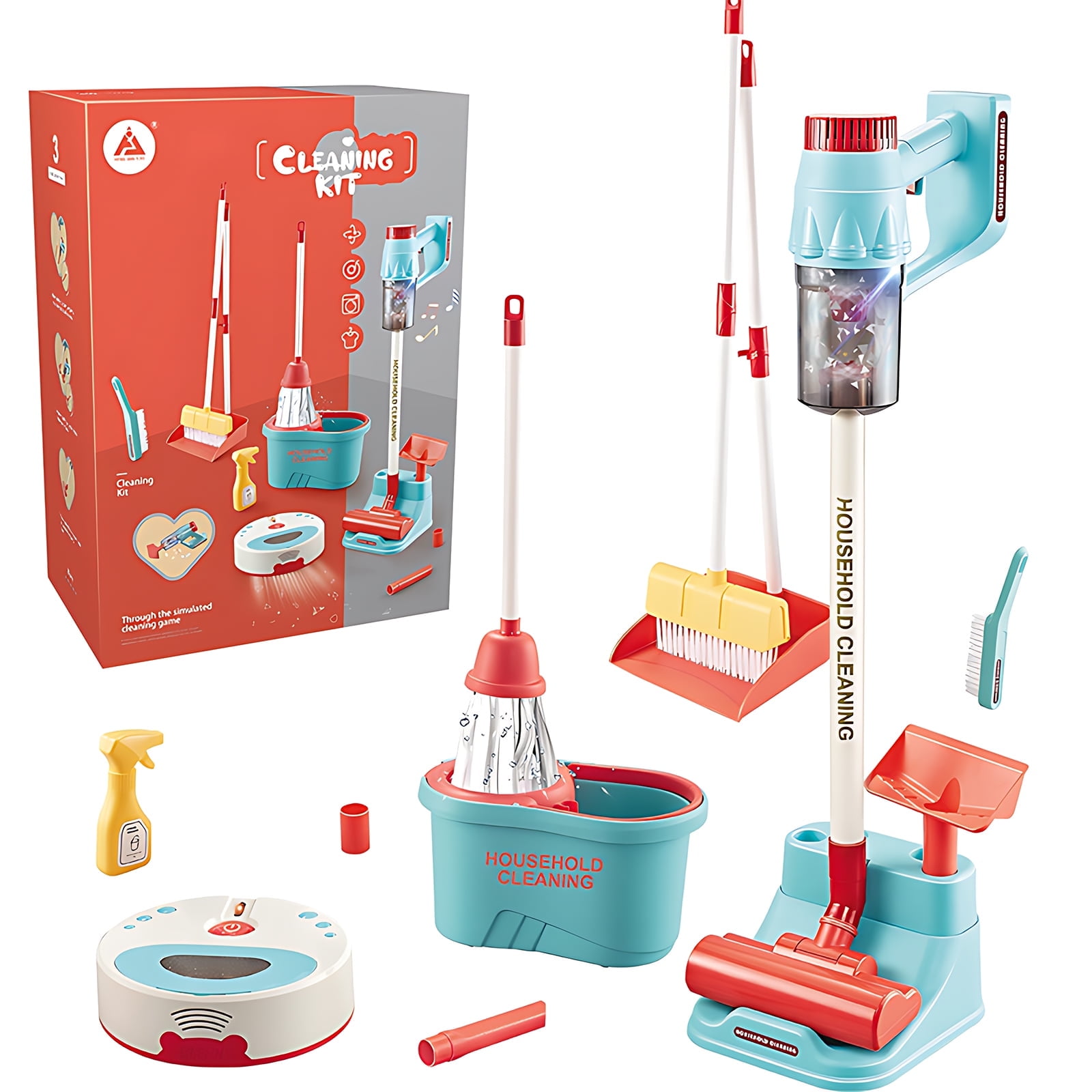 Kids Cleaning Set, Housekeeping Supplies Kit with Robot Vacuum Toy Real Working Vacuum Cleaner Broom Mop Dustpan Mop Bucket Brush Electric Cleaning Toy Set for Kids Boys Girls with Light Music