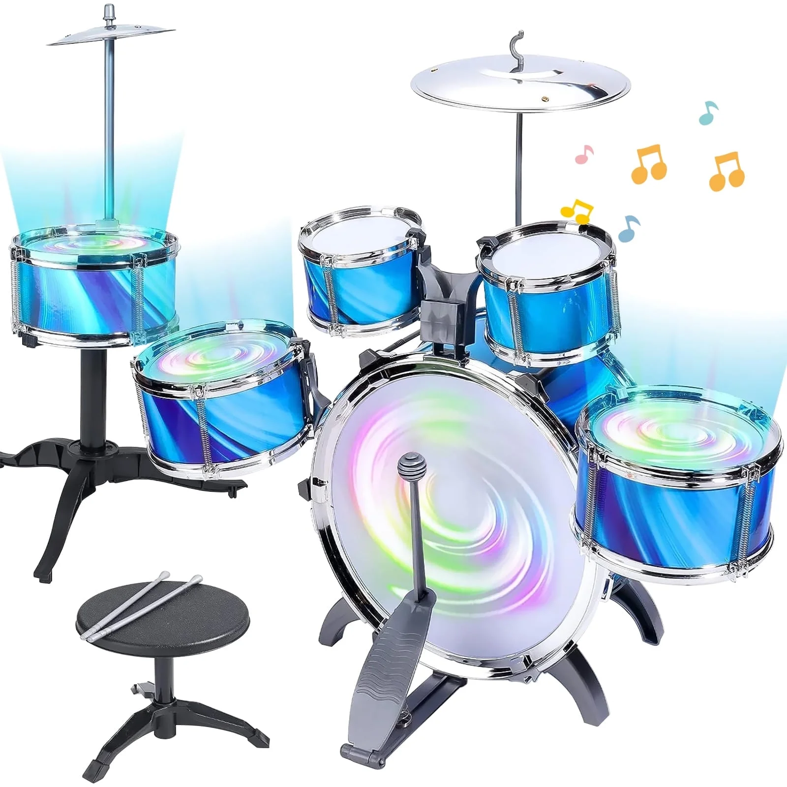 Kids Drum Set, 15 Pieces Drum Set for for Toddlers 1-3, Musical Instrument Toys with 6 Drums, w/ 4 Lights and 2 Cymbals, Drum Kit Boys Girls Birthday Gift for Beginner Music Practice