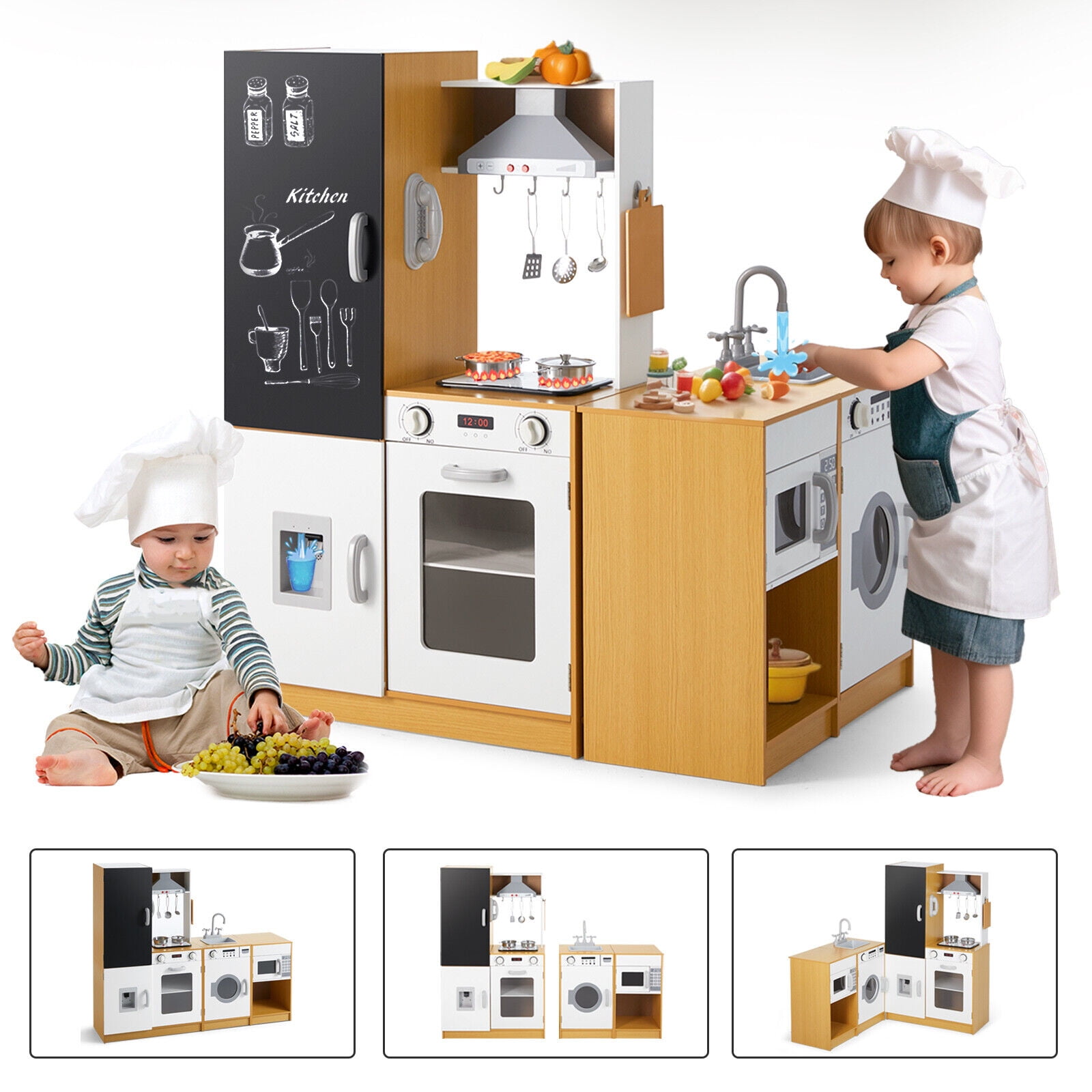 Kids Play Kitchen Set, Wooden Free Combination & Movable Pretend Toddler Kitchen Toy with Real Sound and Light, Ice Maker, Oven,Washer,Blackboard, Cookware Accessories