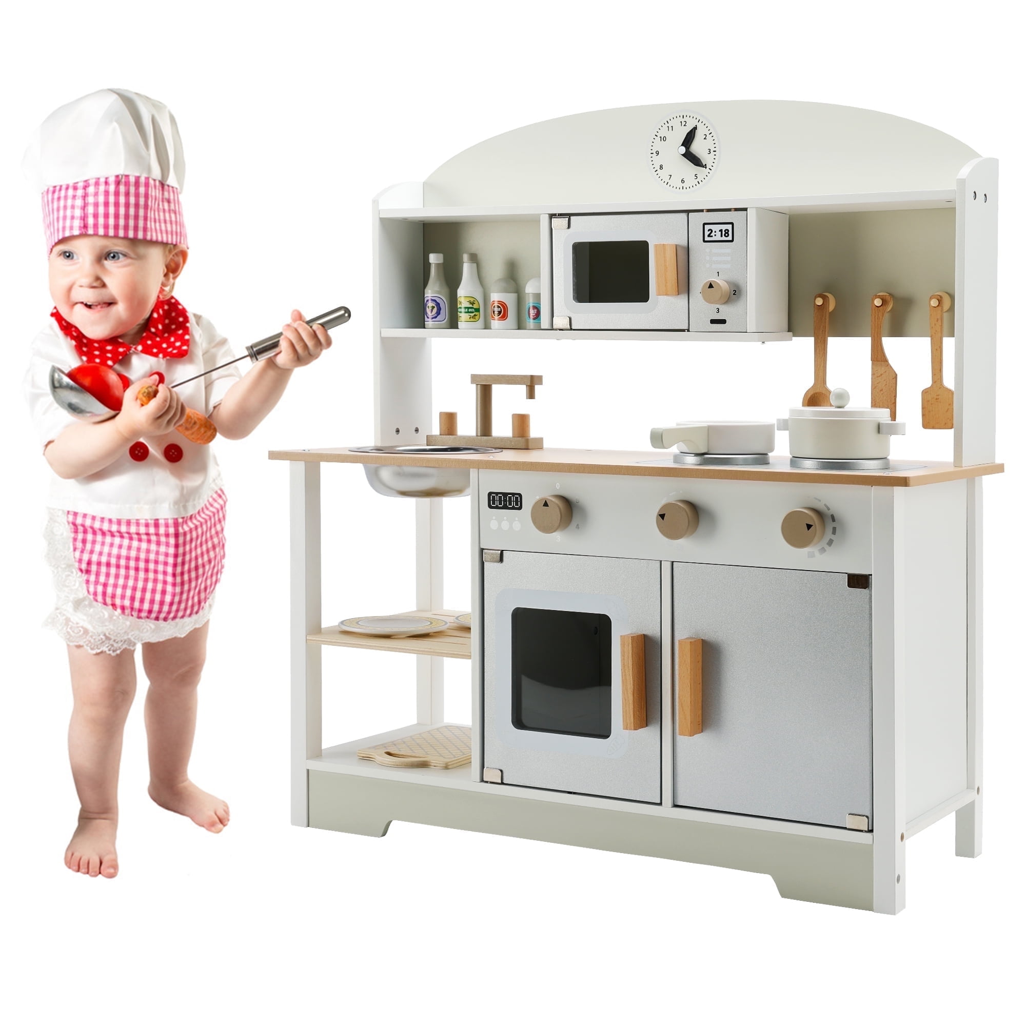 Kids Play Kitchen Set Toy, Wooden Pretend Chef Cooking Play Set with Microwave, Pan, Sink, Cookware Accessories Kitchen Set for Toddlers, Boys, Girls, Gift for Ages 2+