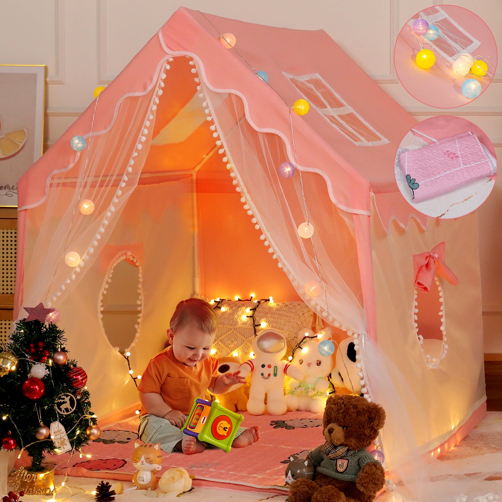 Kids Play Tent, Tent + Rug + Ball Lights Set, Girls Princess Large Playhouse Toy with Windows for Indoor Outdoor Imaginative Games