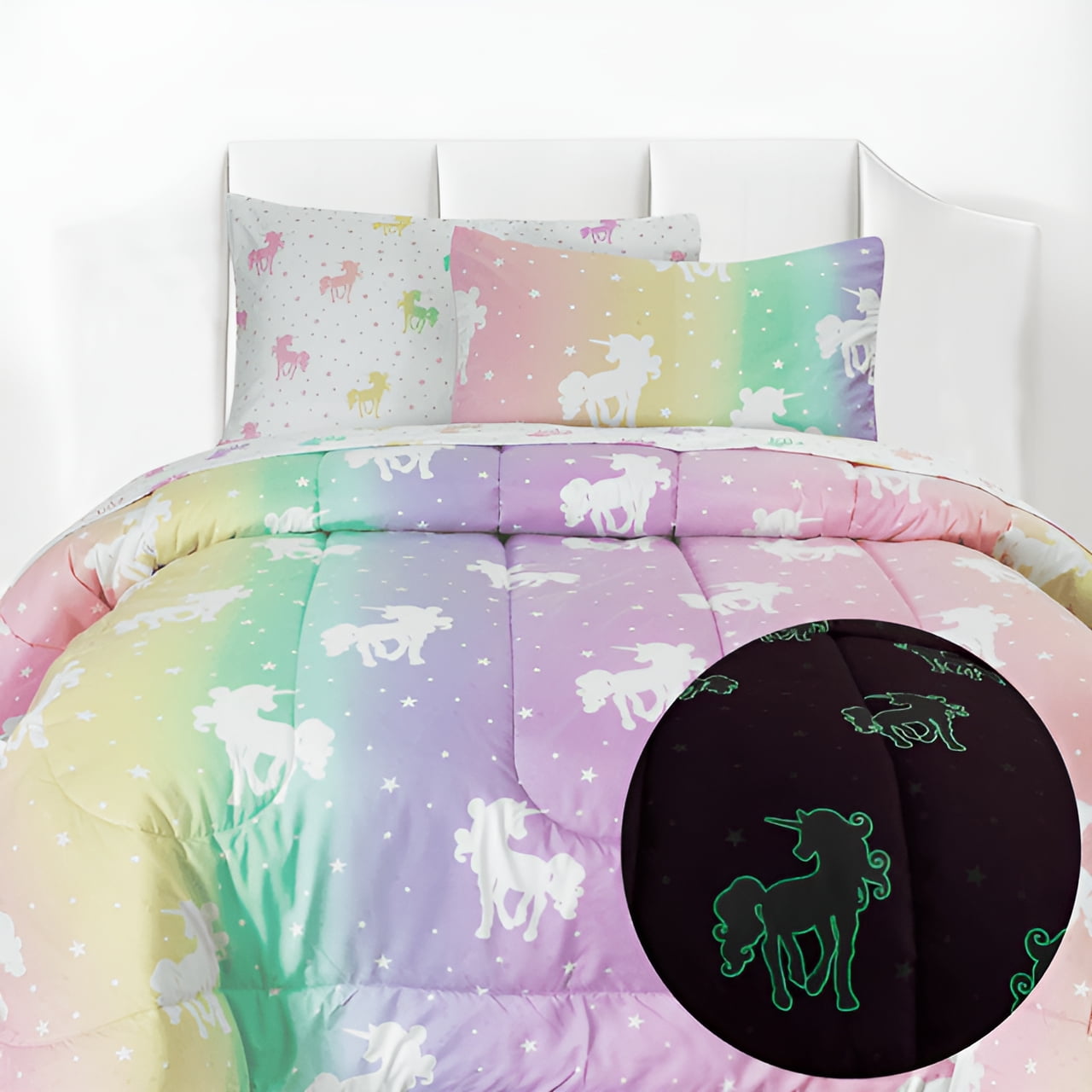 Kids Rule 5 Piece Unicorn and Stars Glow in the Dark Bedding Set, Rainbow Colors, Pink, Multicolored - Twin