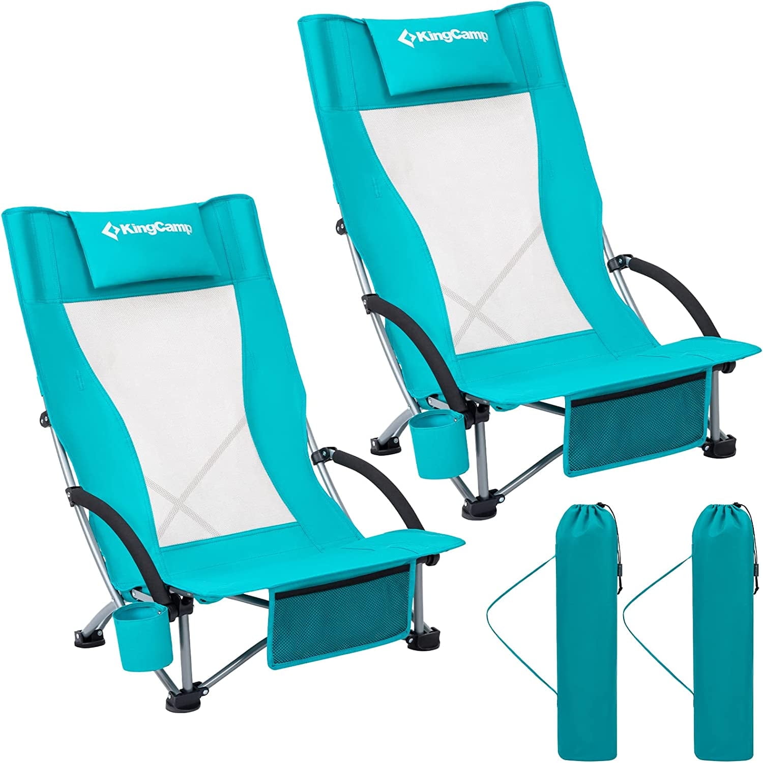 KingCamp 2-Pack Beach Chair High Back Folding Backpack Chairs for Beach, Camping, Fishing & Outdoor Sports, Support 33LBS - Cyan