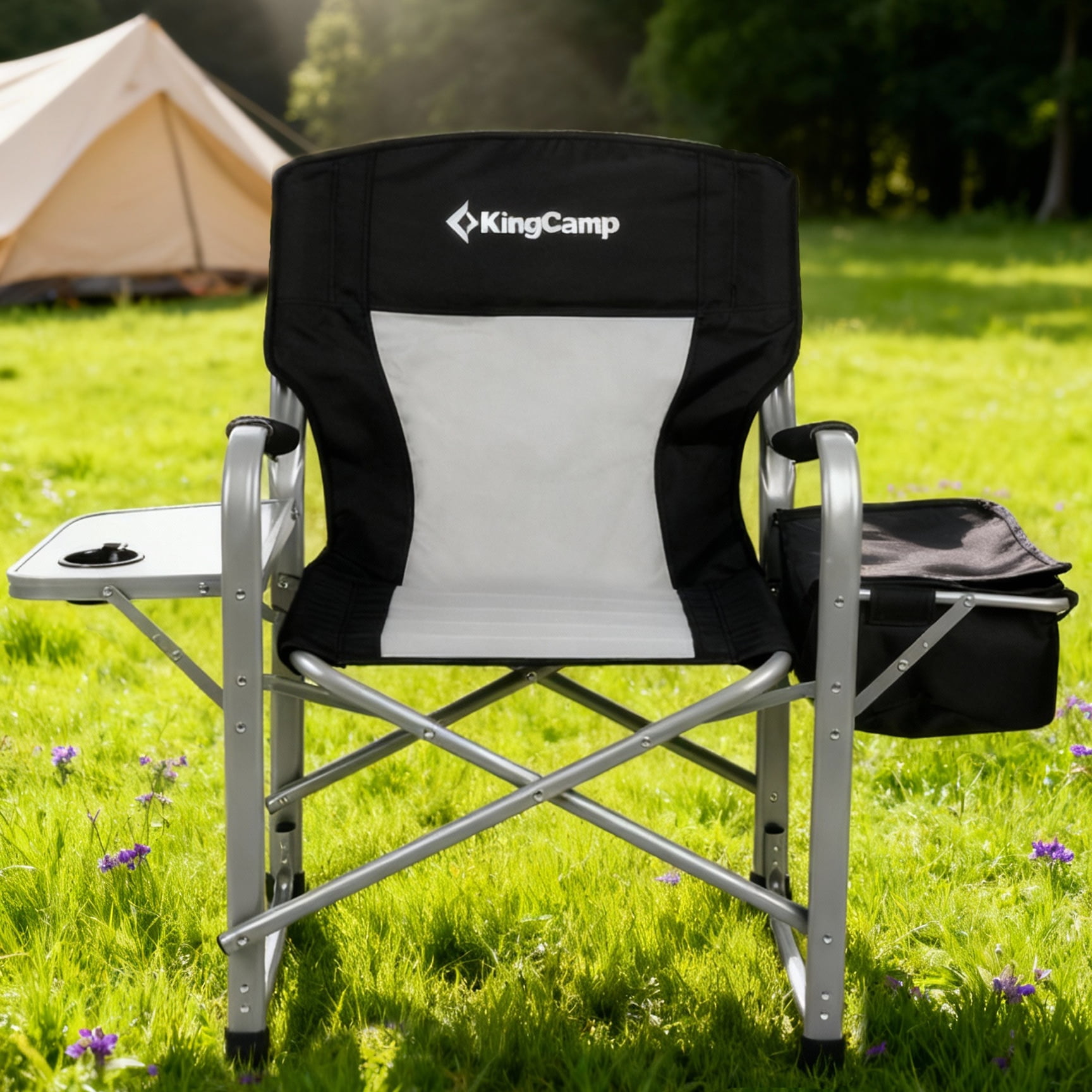 KingCamp Heavy Duty Director Chair Folding Oversize Camping Chairs with Larege Cooler Bag & Side Table for Adults, Support 330+LBS Black
