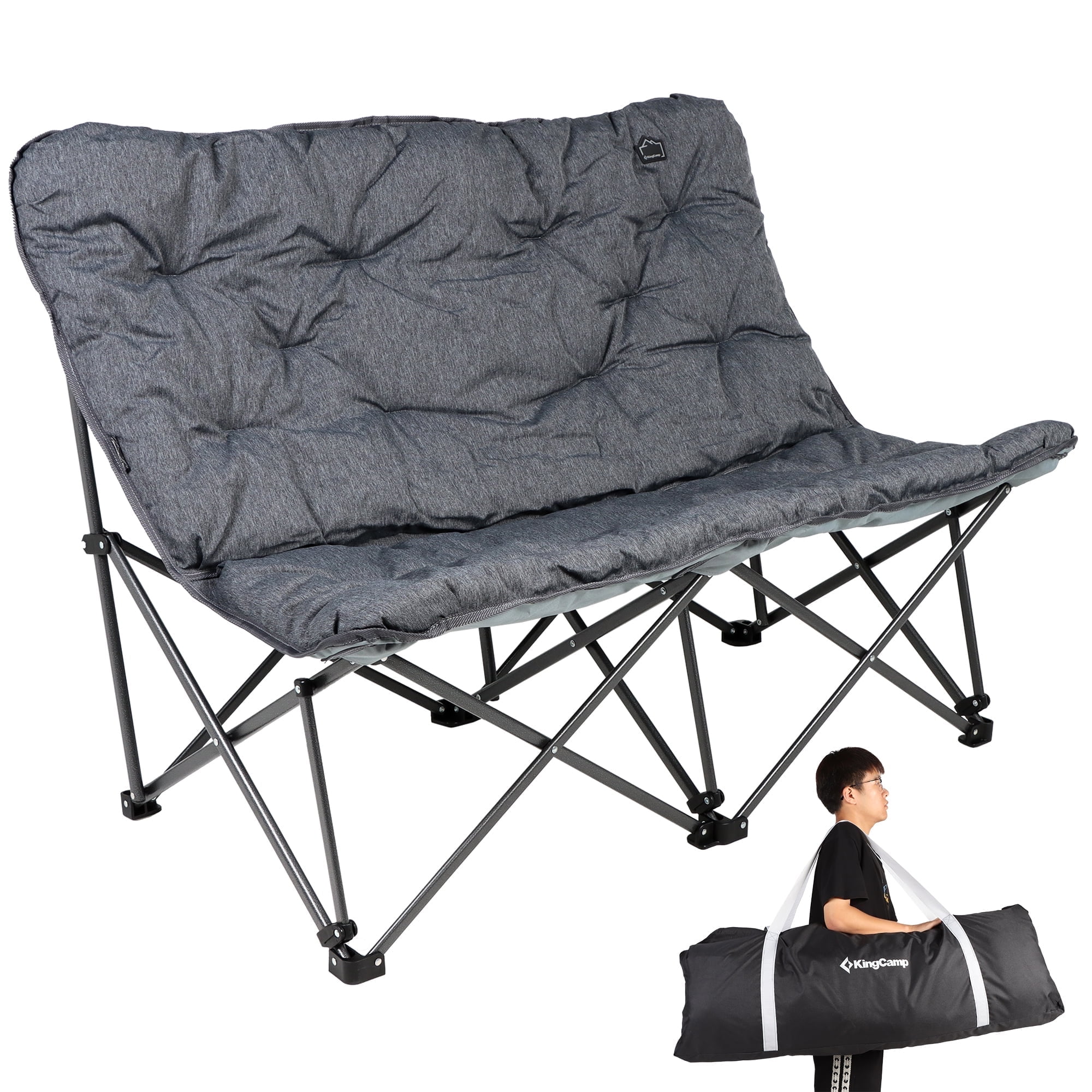 KingCamp Double Camping Chairs Clearance For Adults, Oversized Padded Loveseat Sofa Chairs, Folding Lawn Chair Support 600lbs, Grey