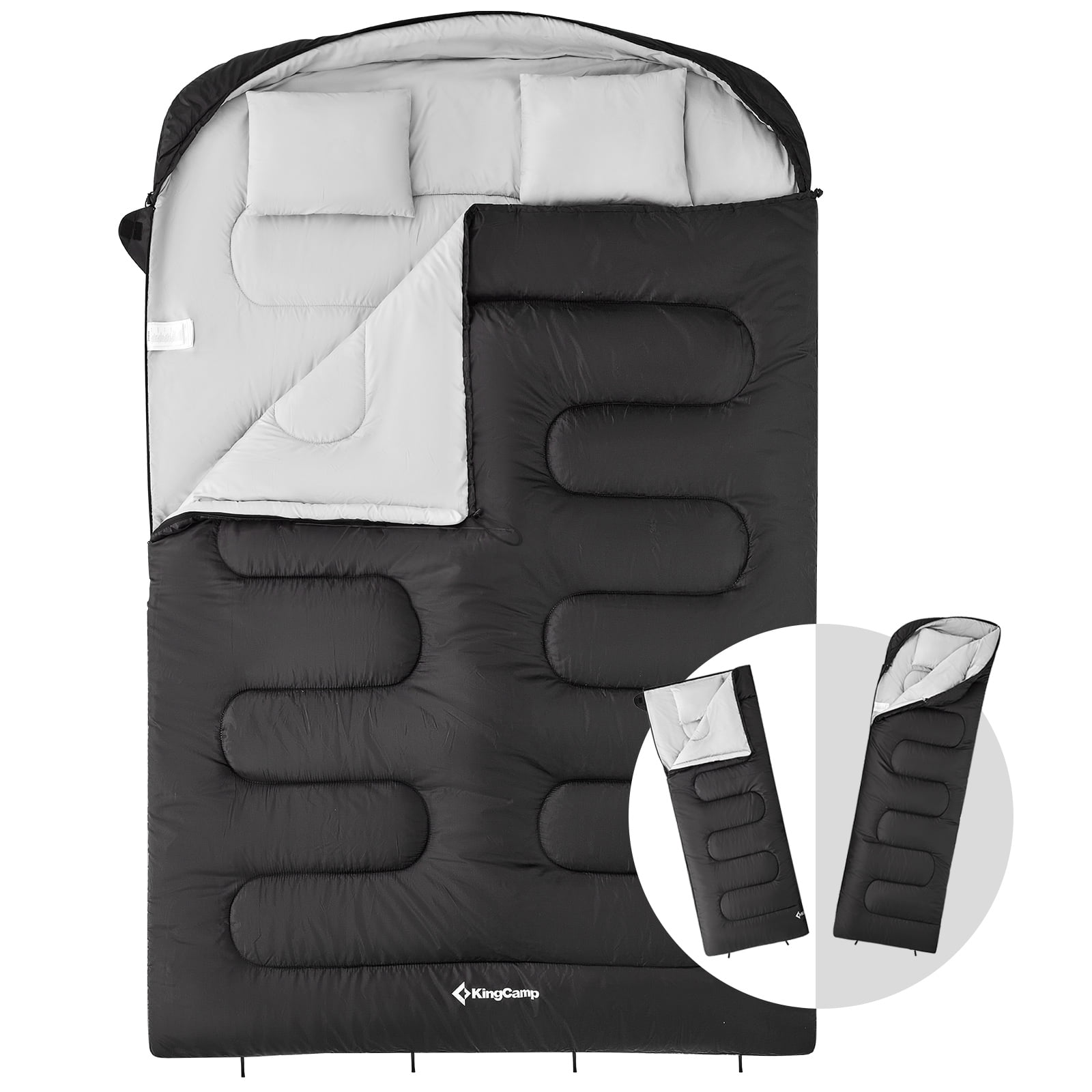 KingCamp Double Sleeping Bag with 2 Pillows Water-resistant 2-in-1 Double Sleeping Bag 3 Season for Adult Camping(Black,6.8℉-41℉)