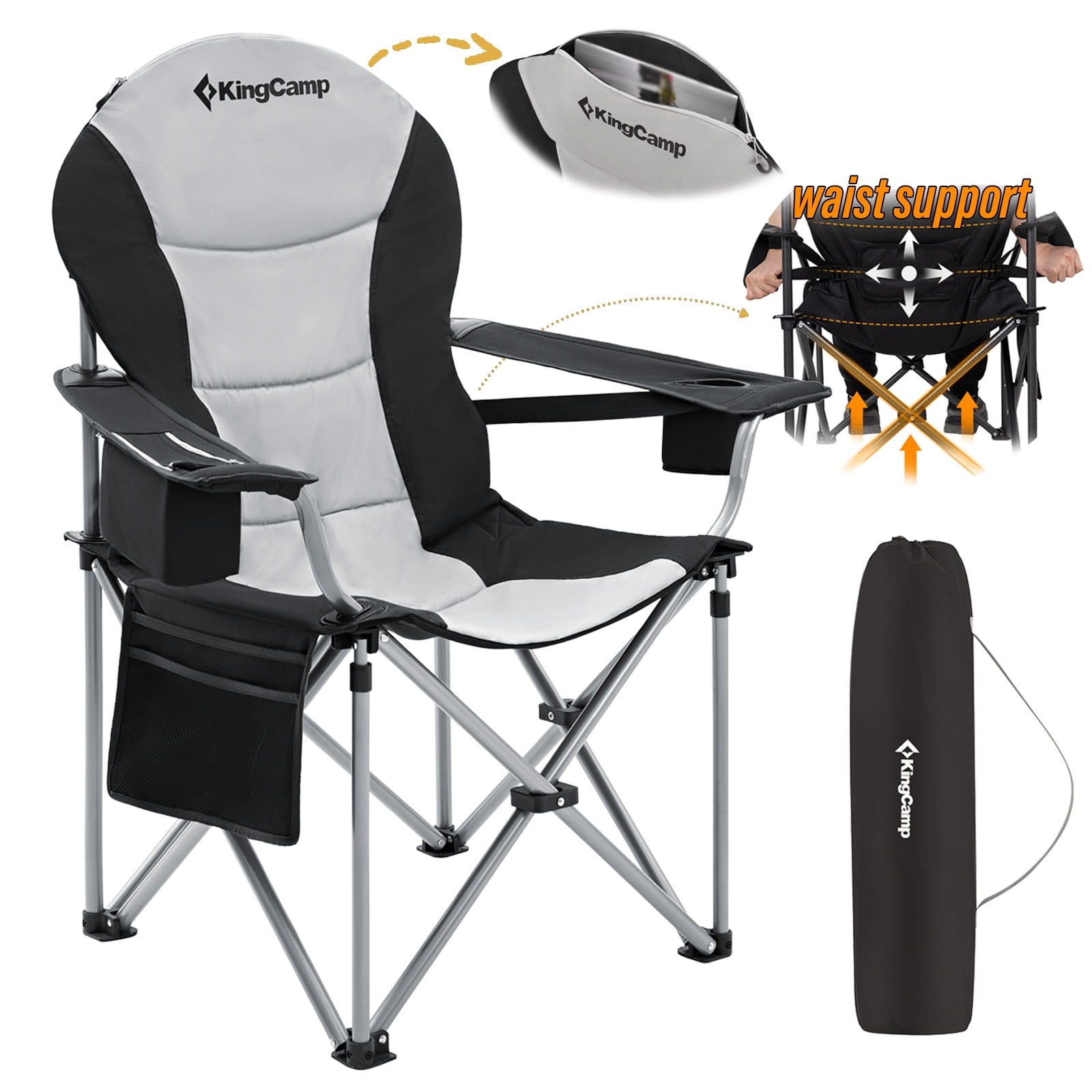 KingCamp Oversized Heavy-Duty Folding Camping Chair - Extra Wide Design, Padded Seat & Lumbar Support, Ideal for Adults, Support 353LBS, Fishing, Picnic & Travel (Black)