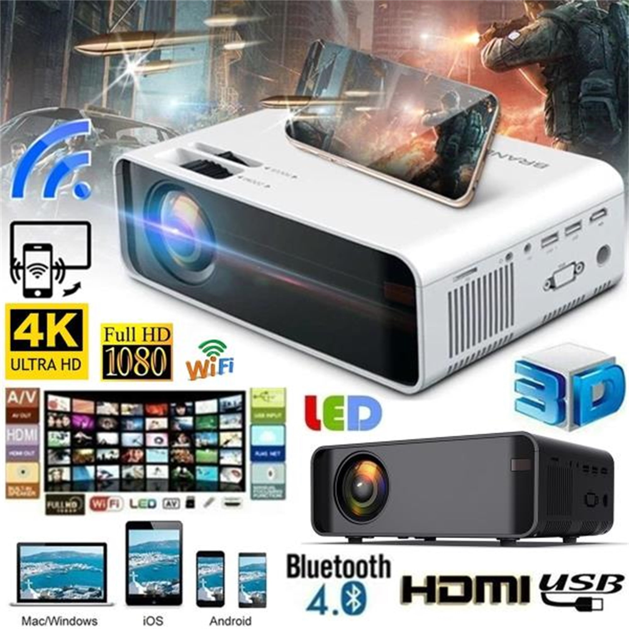 KingShop 1080P LCD TFT Multimedia Projector, Black&White
