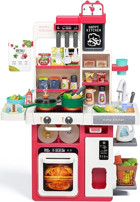 Kids Play Kitchen Set 63 Pices with Sound & Light, Cooking Stove with Steam, Play Sink, Play Food Toy and Accessories for Toddler Girls Boys +3 Red by Mundo Toys.