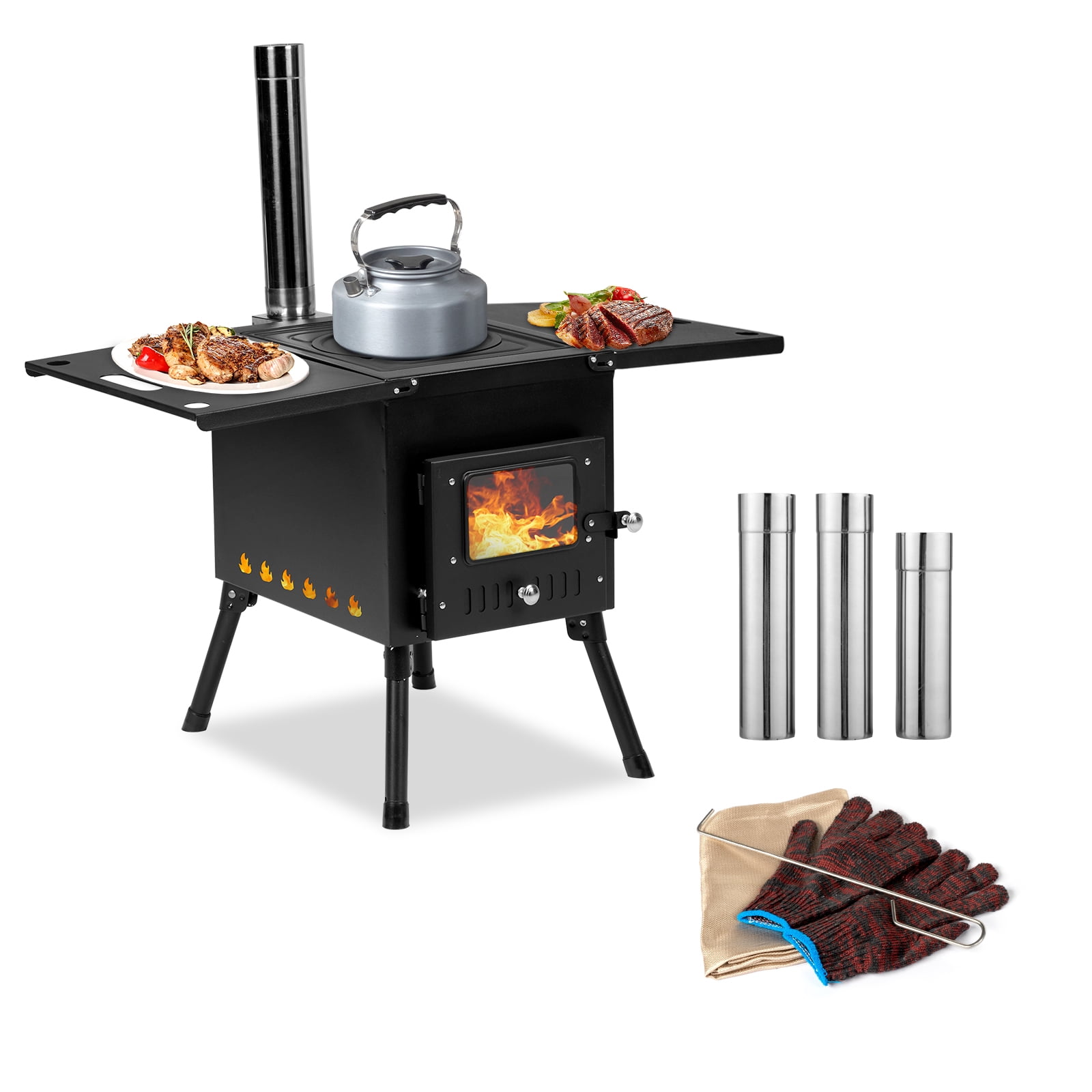 OverPatio Camp Wood Stove Wood Burning Stoves Portable with Chimney Pipes Camping Stove for Outdoor (Black)