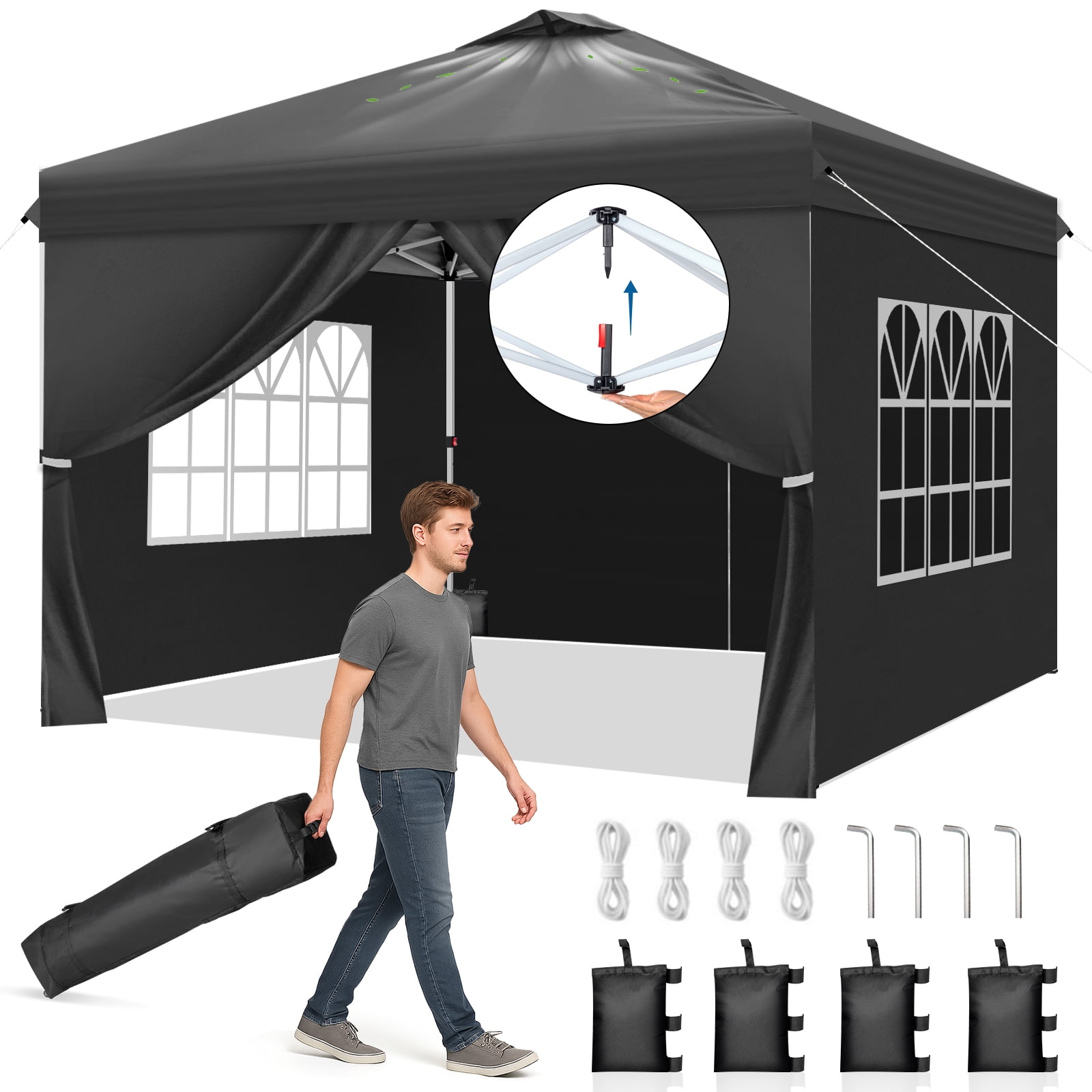 Ktaxon 10x10 Ez Pop Up Canopy Tent,Outdoor Sun Shade Shelter,Outdoor Gazebo,One Push Setup with Sidewalls,1 Roller Bag,4 Sandbags,UPF50+ - Black