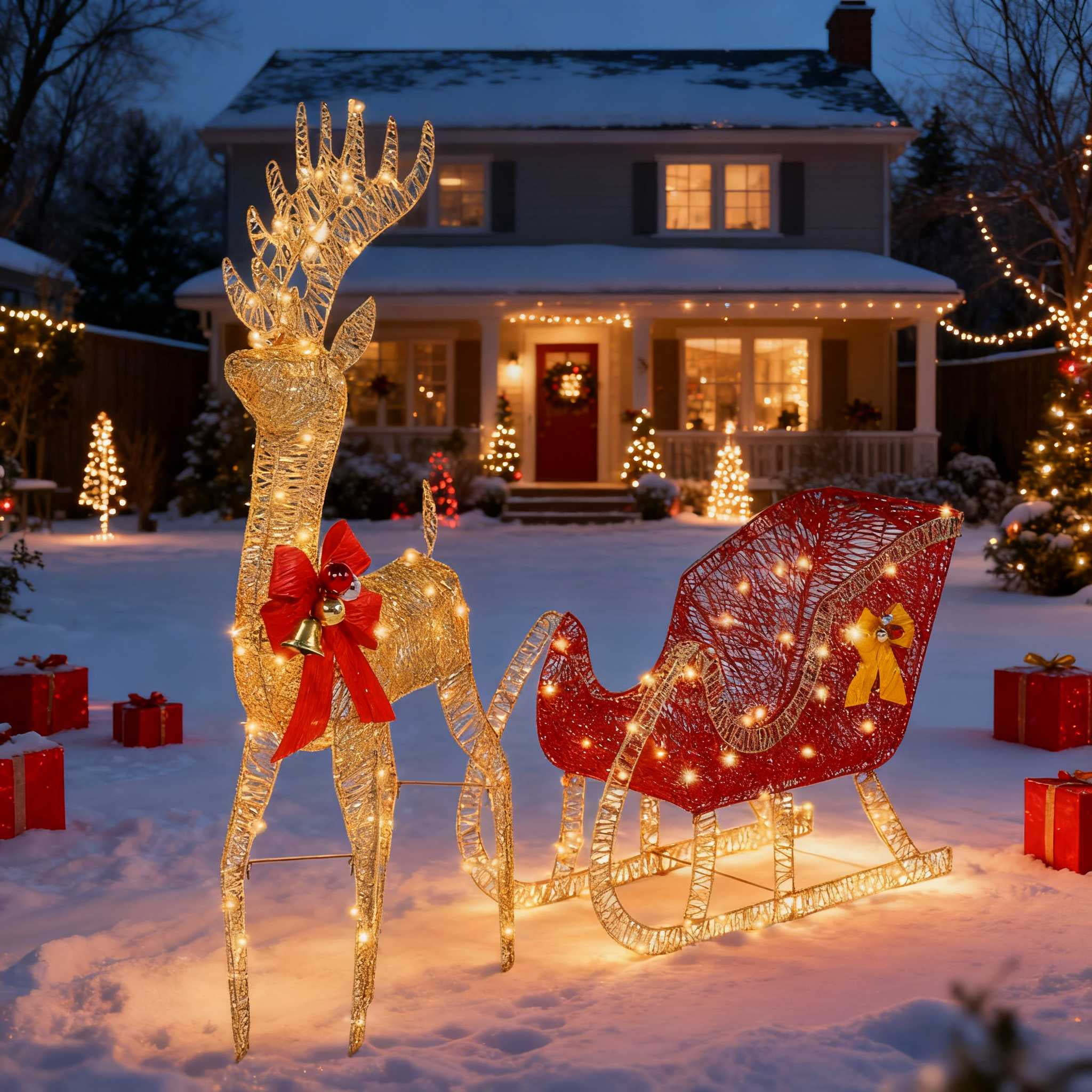 Christmas Reindeer Sleigh Set Outdoor Decoration Holiday Decor LED Lights,Gold Ktaxon