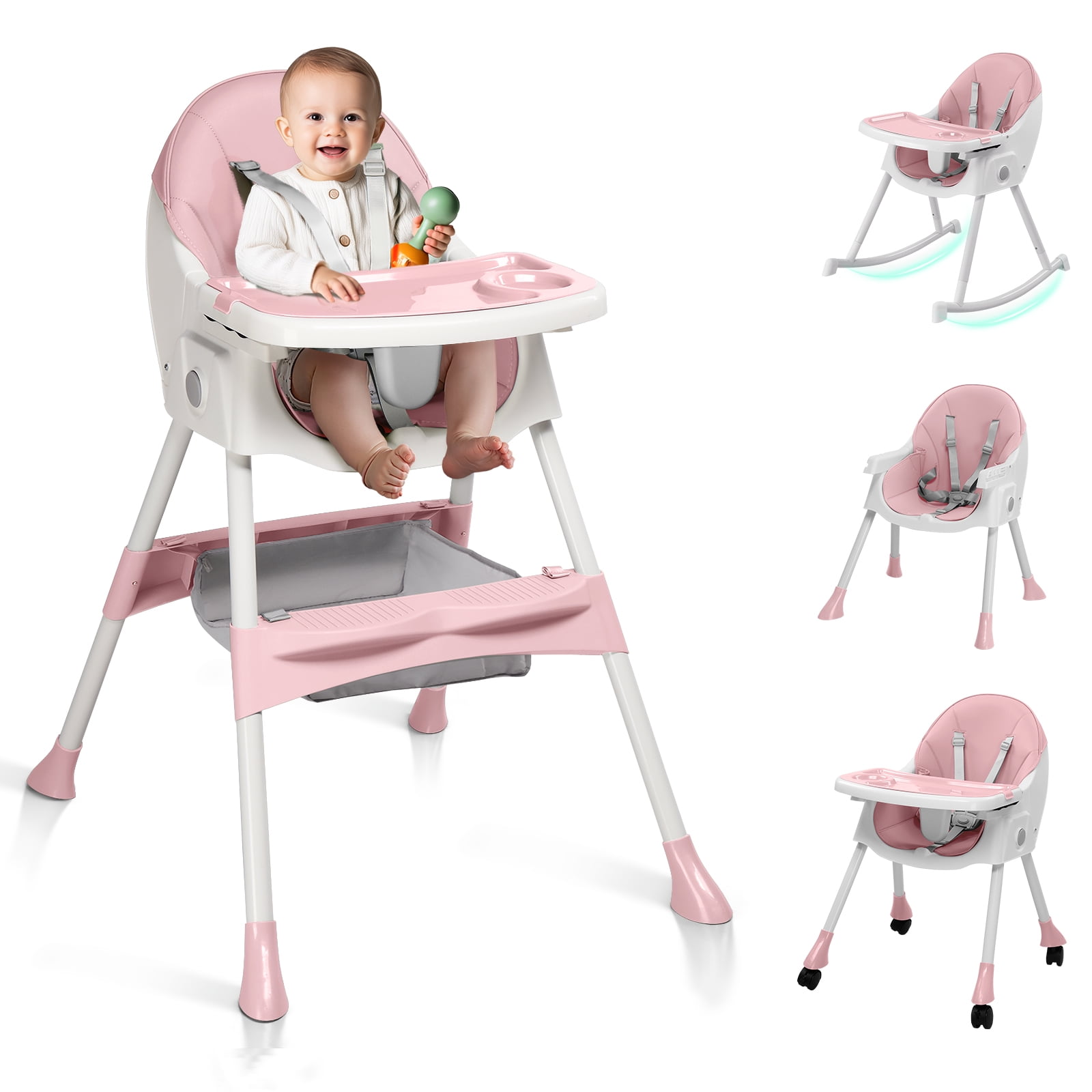 Ktaxon Baby High Chair, Convertible 6 in 1 High Chairs for Babies and Toddlers, Foldable Baby Highchair with 5-Point Safety Harness, Adjustable Dining Tray, Backrest & Height, Pink