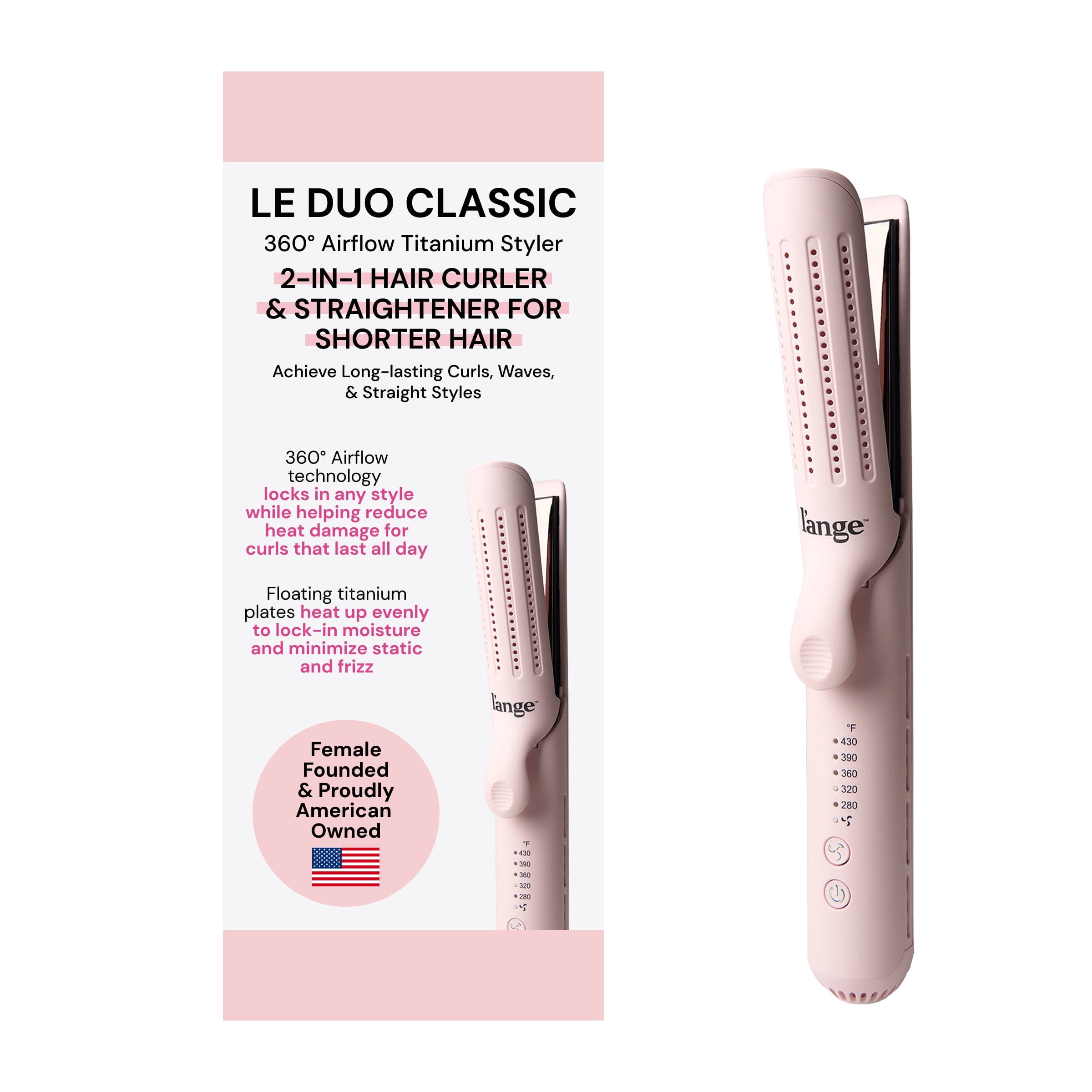 L'ange Hair Le Duo 360 Airflow Styler, Titanium Flat Iron Hair Straightener (Blush)