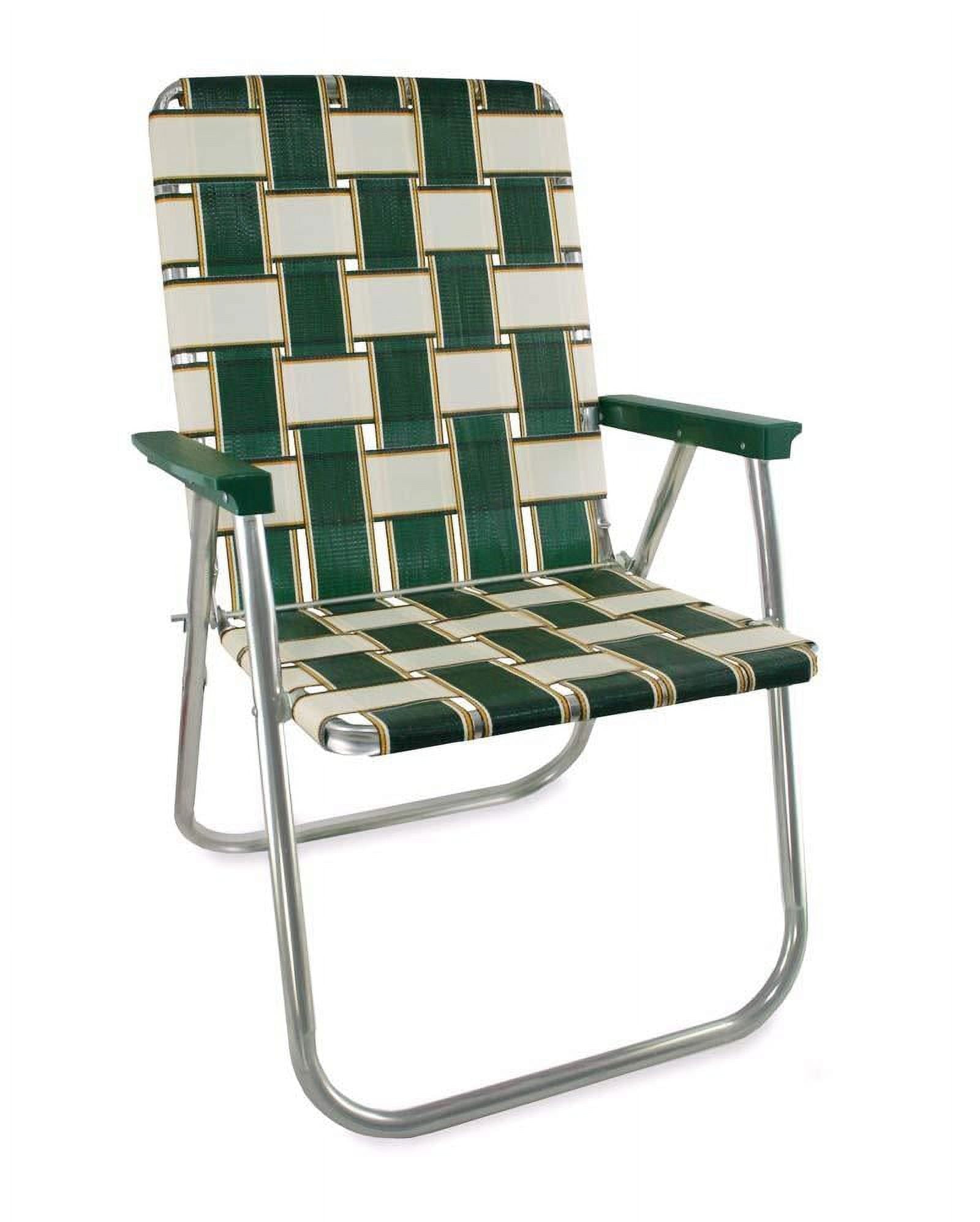 Lawn Chair USA - Classic Folding Aluminum Webbed Chair - Durable, Portable, and Comfortable Outdoor Chair - Ideal for Camping, Sports, and Concerts - Charleston With Green Arms