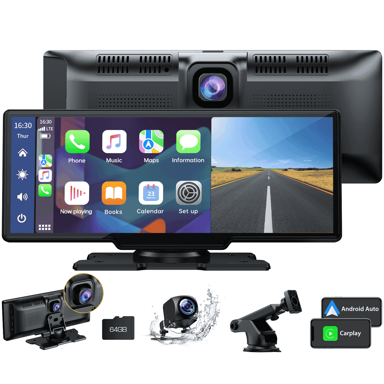 Lamtto 10.26" Carplay Screen for Car, 2.5K +1080P Dash Cam, Car Stereo Portable Apple Carplay & Android Auto with GPS Navigation, Bluetooth, Airplay, Mirror Link, 64GB TF Card