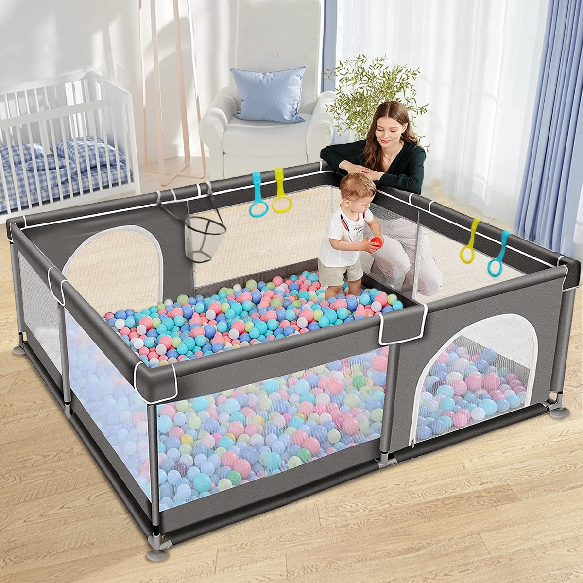 Large Baby Playpen, 79x63x27inch Soft Mesh Sturdy Pipe Ample Space Perfect for Toddler, Gray