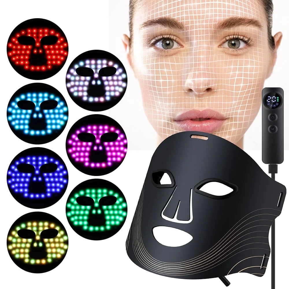 Led Face Mask Red Light Therapy Mask for Face, 7 Colors LED Facial Skin Care Mask with Remote, 3 Light Modes - Eye Protection - Timing Function - Portable Skincare Device Home Use 180 LED Beads