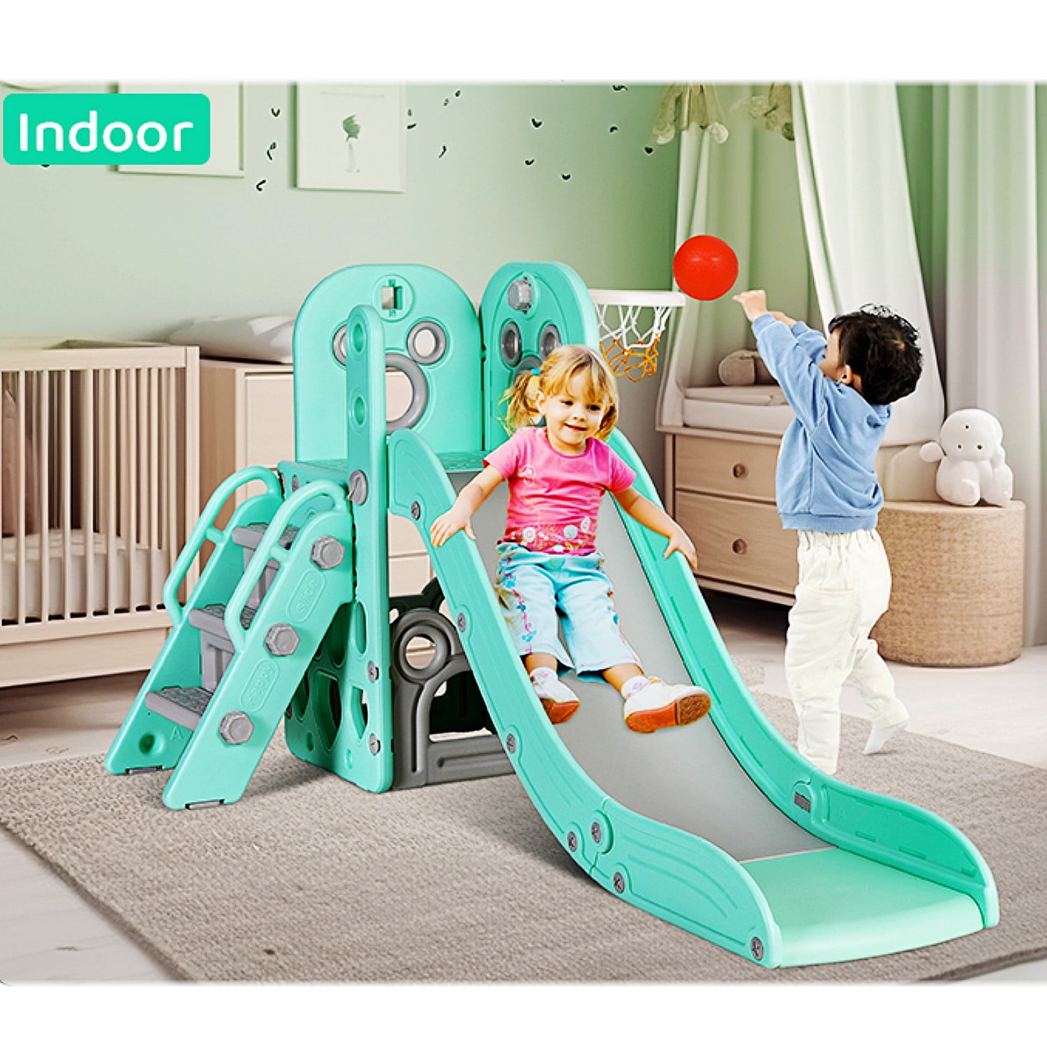 LAZY BUDDY 4 in 1 Toddler Slide & Climber Playset with Basketball Hoop, Non-Slip Steps, Indoor Outdoor Kids Toy