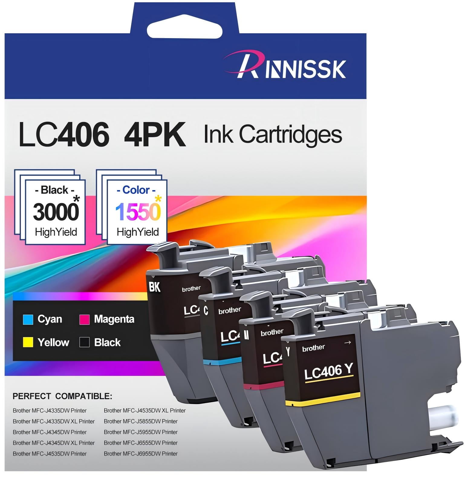 LC406 Ink Cartridges for Brother LC406XL Ink Cartridges for Brother Printer MFCJ-J4335DW MFC-J4345DW MFC-J4535DW(4-Pack, Black Cyan Magenta Yellow)