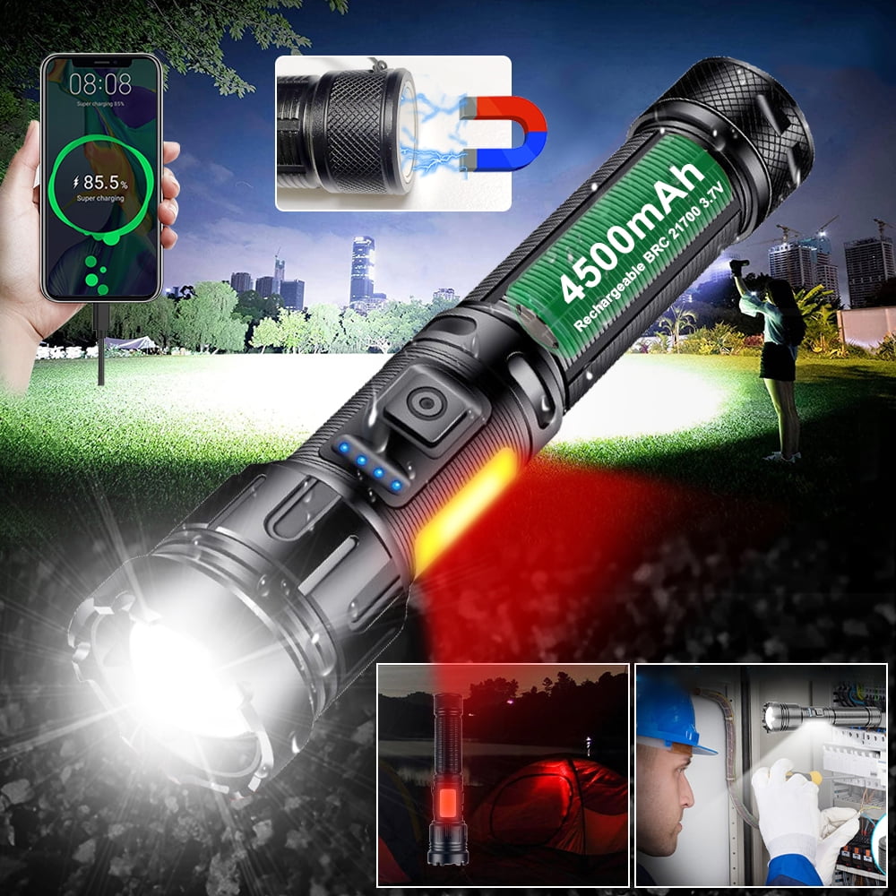 LED Magnetic Flashlight High Lumens 10000 Rechargeable, Super Bright Small Tactical Flashlights with COB Sidelight Work Light Zoomable Handheld Torch Lamp for Emergency, Camping