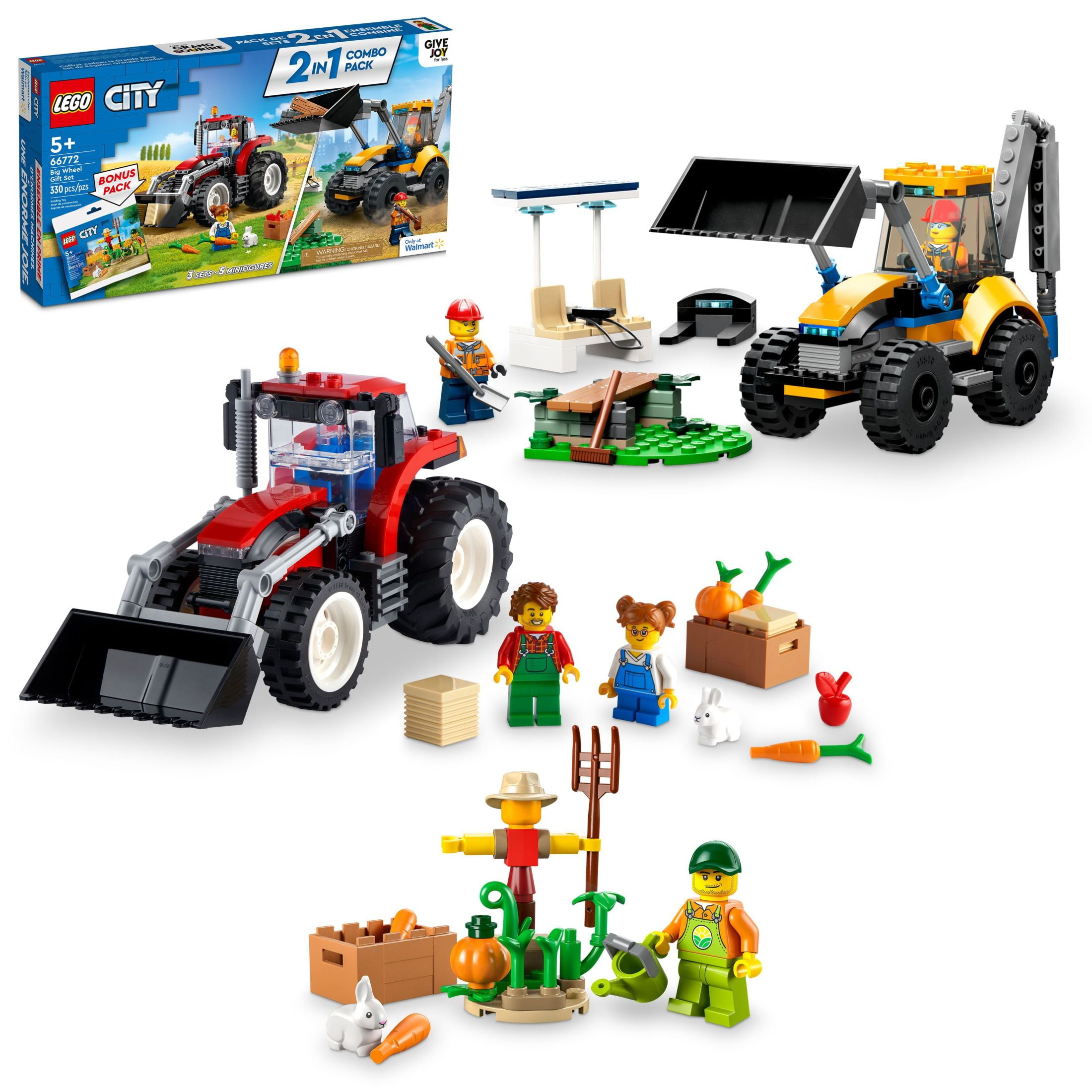 LEGO City Big Wheel Gift Set, 2in1 Tractor and Construction Digger Building Toy Sets Plus Farm Garden & Scarecrow Bonus Pack, Great Gift for Boys and Girls Ages 5 and up, 66772