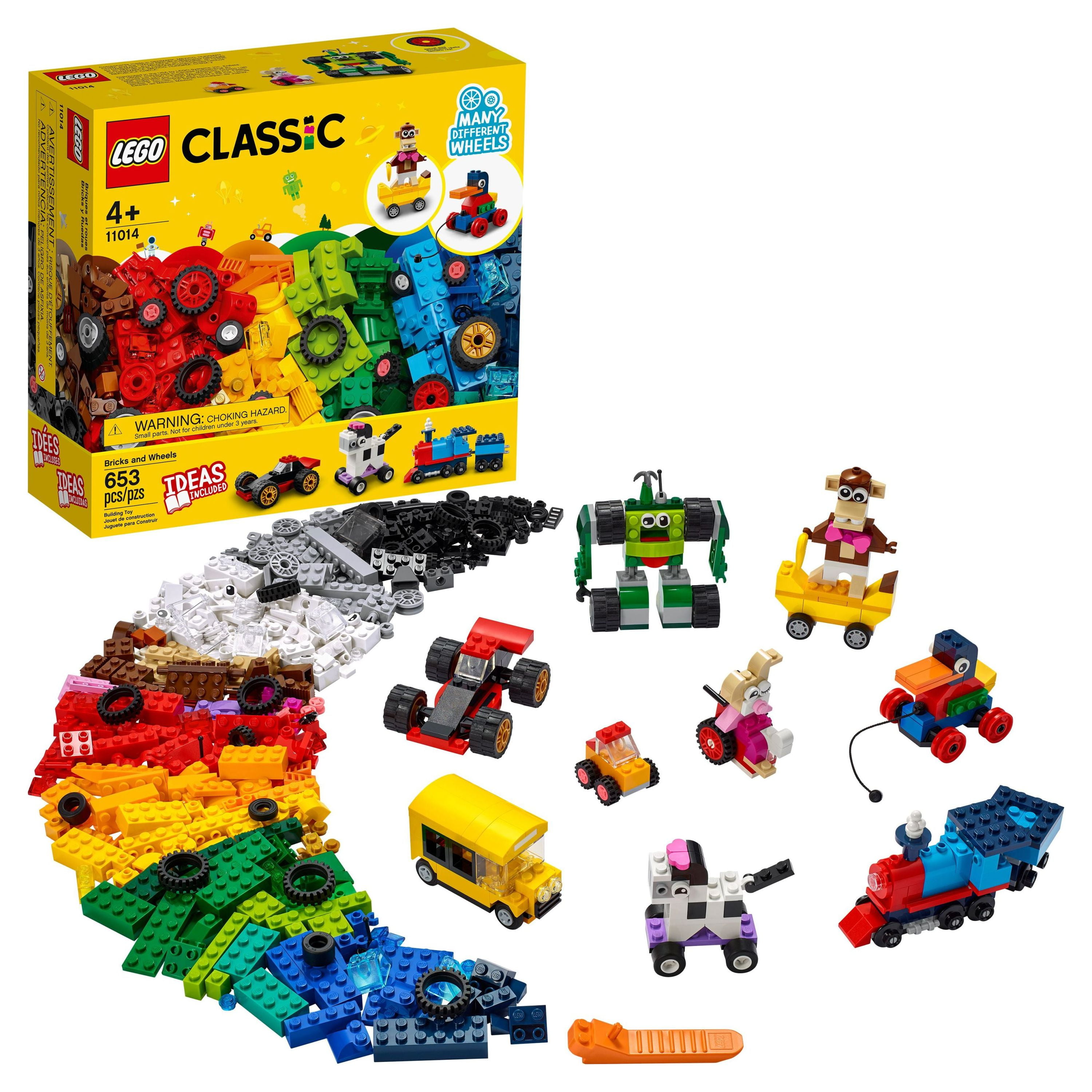 LEGO Classic Bricks and Wheels Kit 11014, Play and Create Your Own Version of LEGO Masters, Includes a Toy Car, Train, Bus, Robot, Skateboarding Zebra, Race Car, Bunny in a Wheelchair, and More
