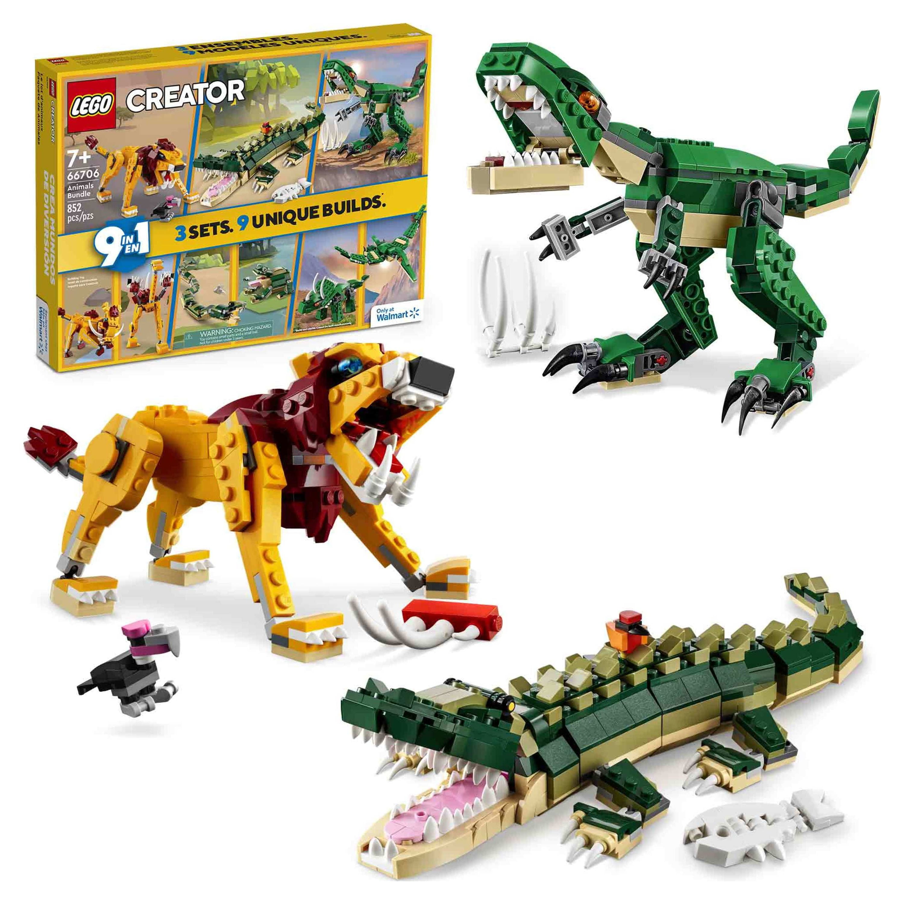 LEGO 3 in 1 Creator Mighty Dinosaurs set, featuring a T-rex, Triceratops, and Pterodactyl