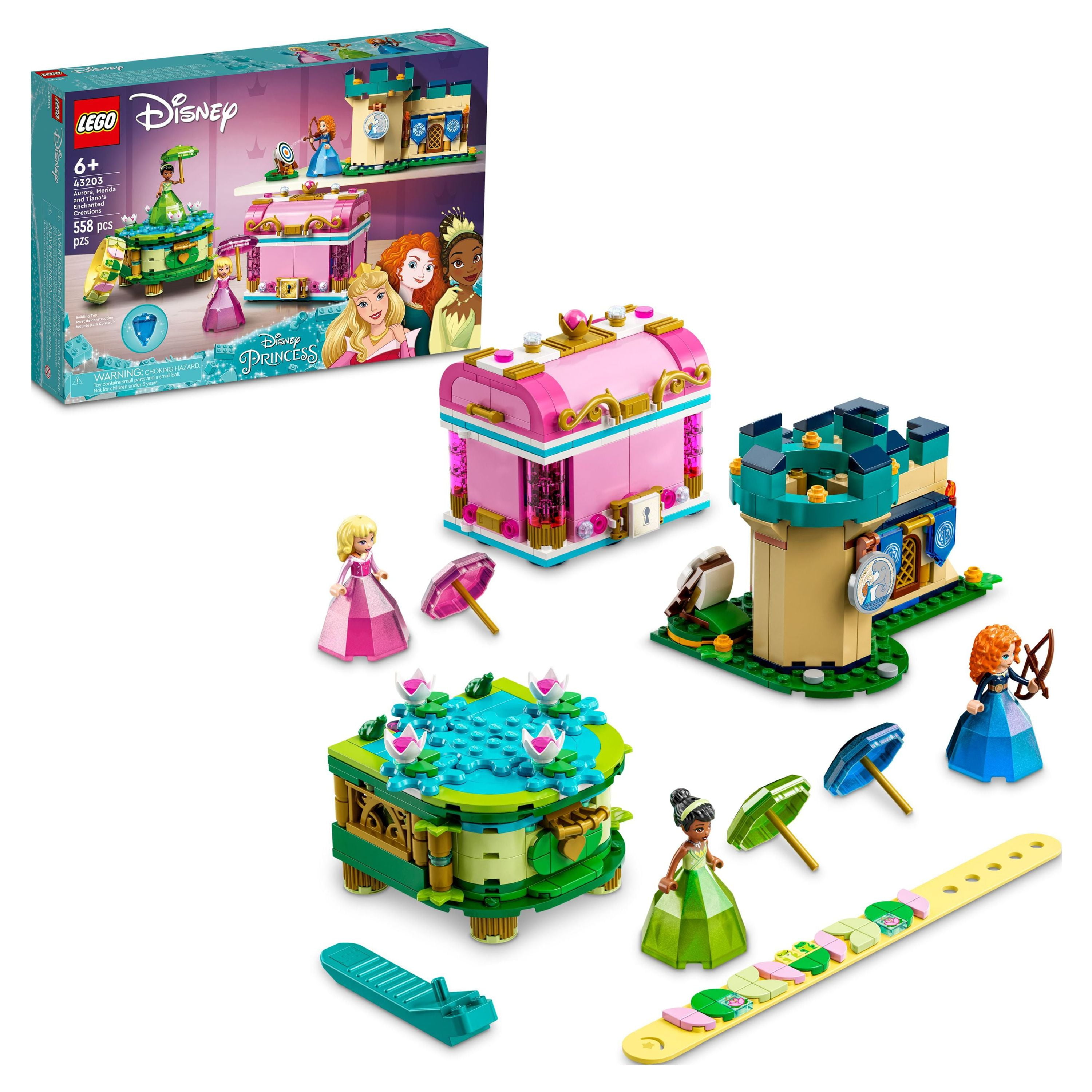 LEGO Disney Princess Aurora, Merida & Tiana’s Enchanted Creations 43203 Diamond Dress Set with 2 Buildable Jewelry Boxes, Pencil Holder, DOTS Bracelet and Mini-Dolls