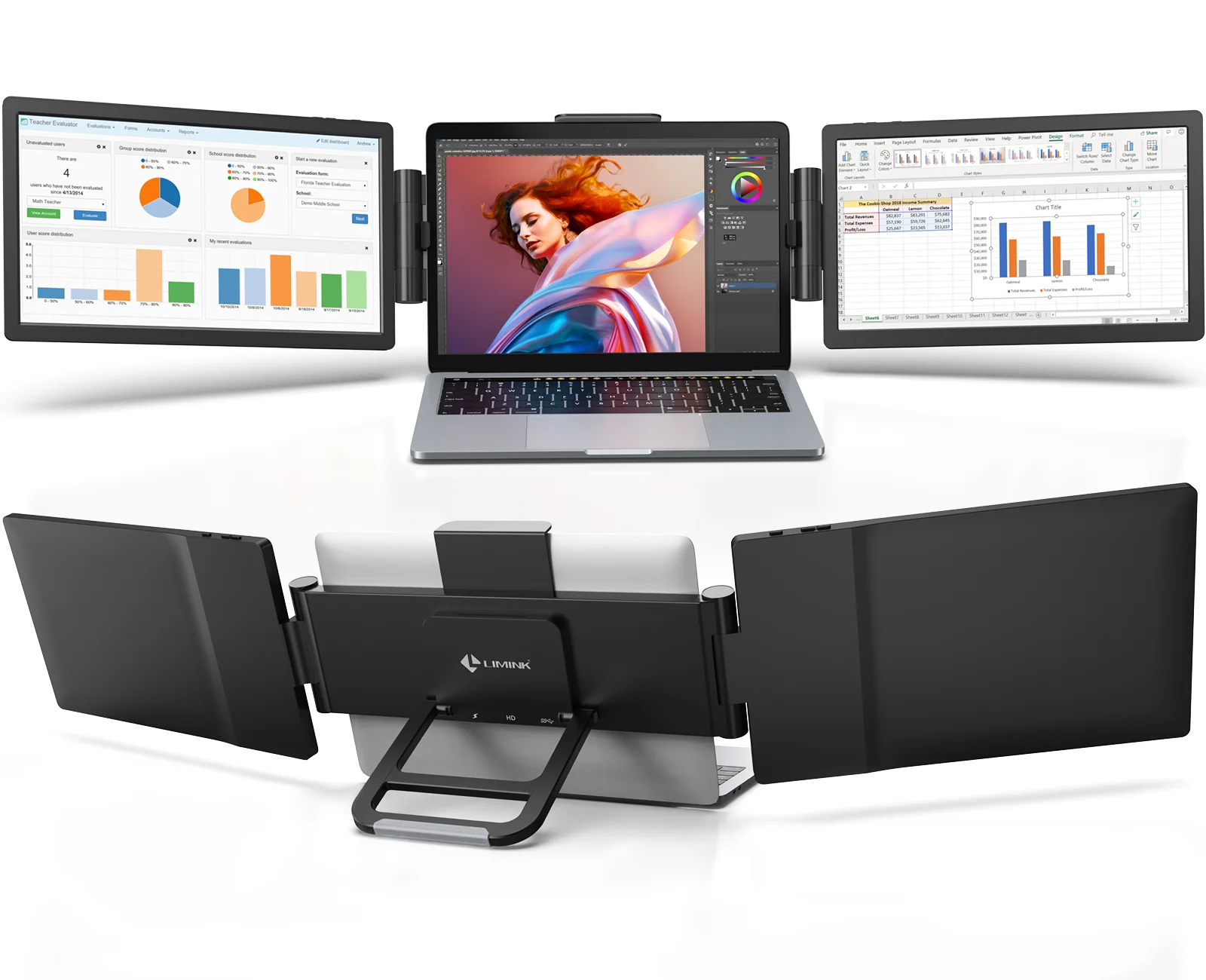 LIMINK Portable Triple Monitor for 13-16" Laptop, Extender 12inch Screen Dual Display Travel Extended Foldable Workstation Monitor Display