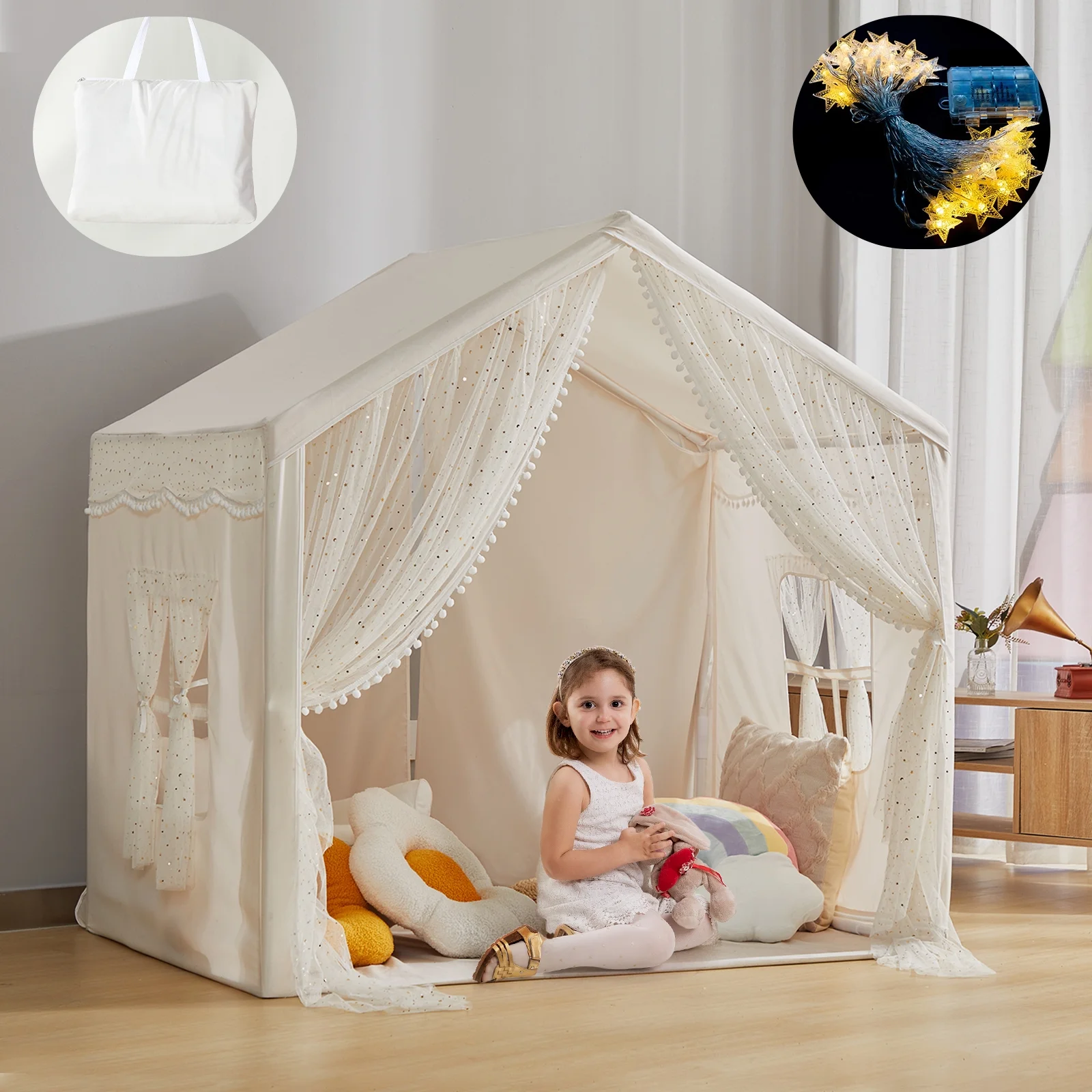 LOAOL Large Kids Tent with LED Lights, Toddler Playhouse Tent Indoor and Outdoor, White Cotton Canvas