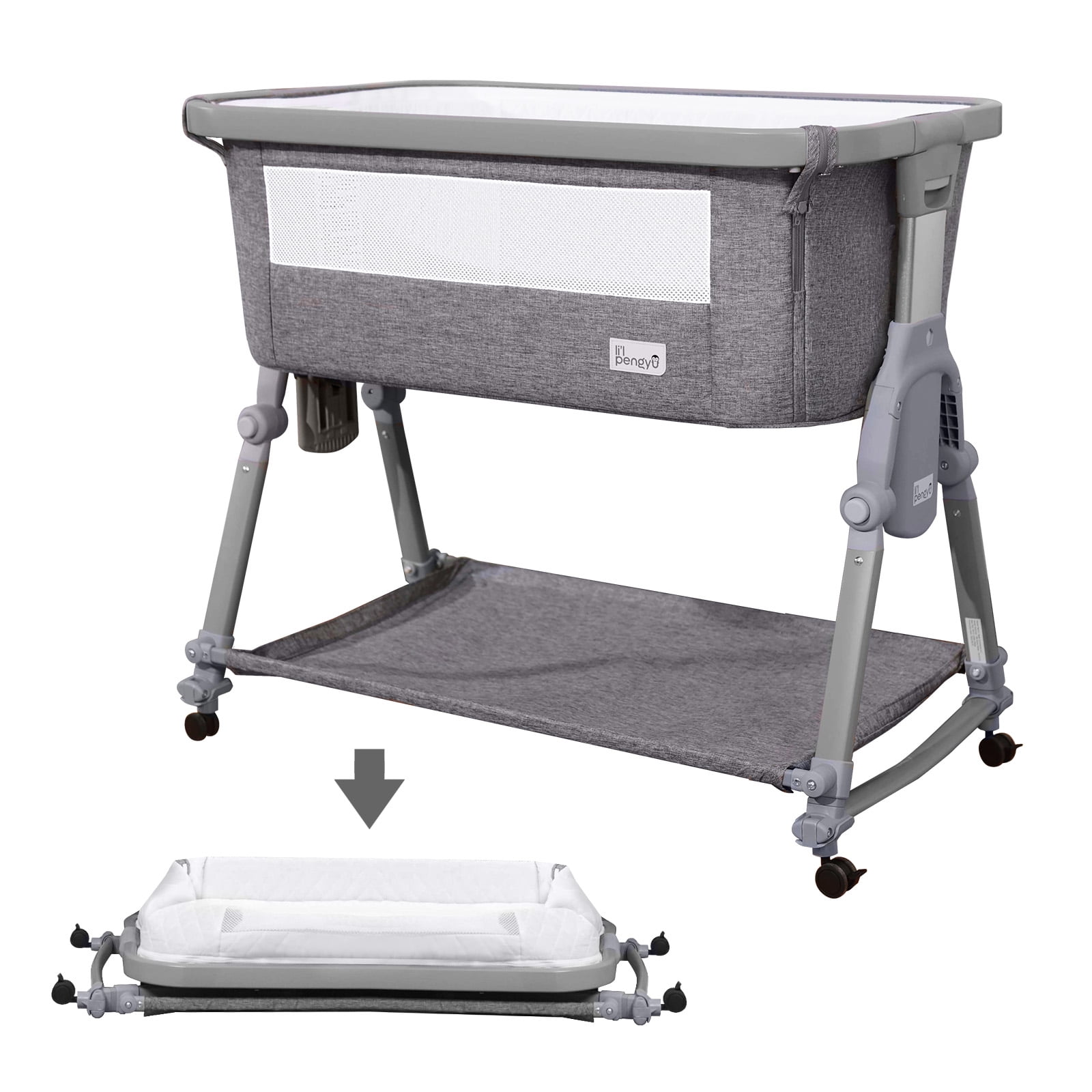 Li'l Pengyu Baby Bassinets Bedside Sleeper, Side Sleeper Bassinet for Baby for Newborn Babies with Storage Basket, Cotton Mattress,Travel Bag, Small Rocking Cradle, Large Breathable Mesh