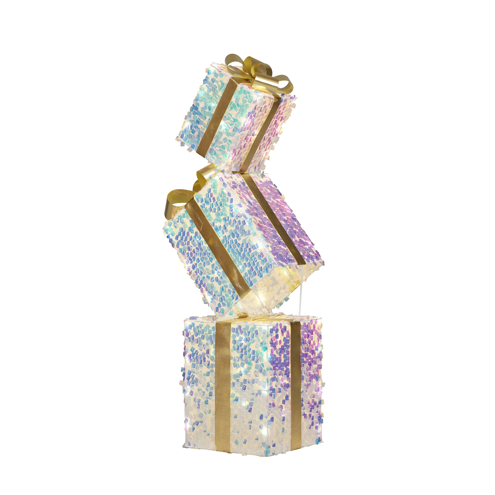 Light-up Stacked Sequin Gift Boxes with 60 Warm White LED Lights, 42", Holiday Time