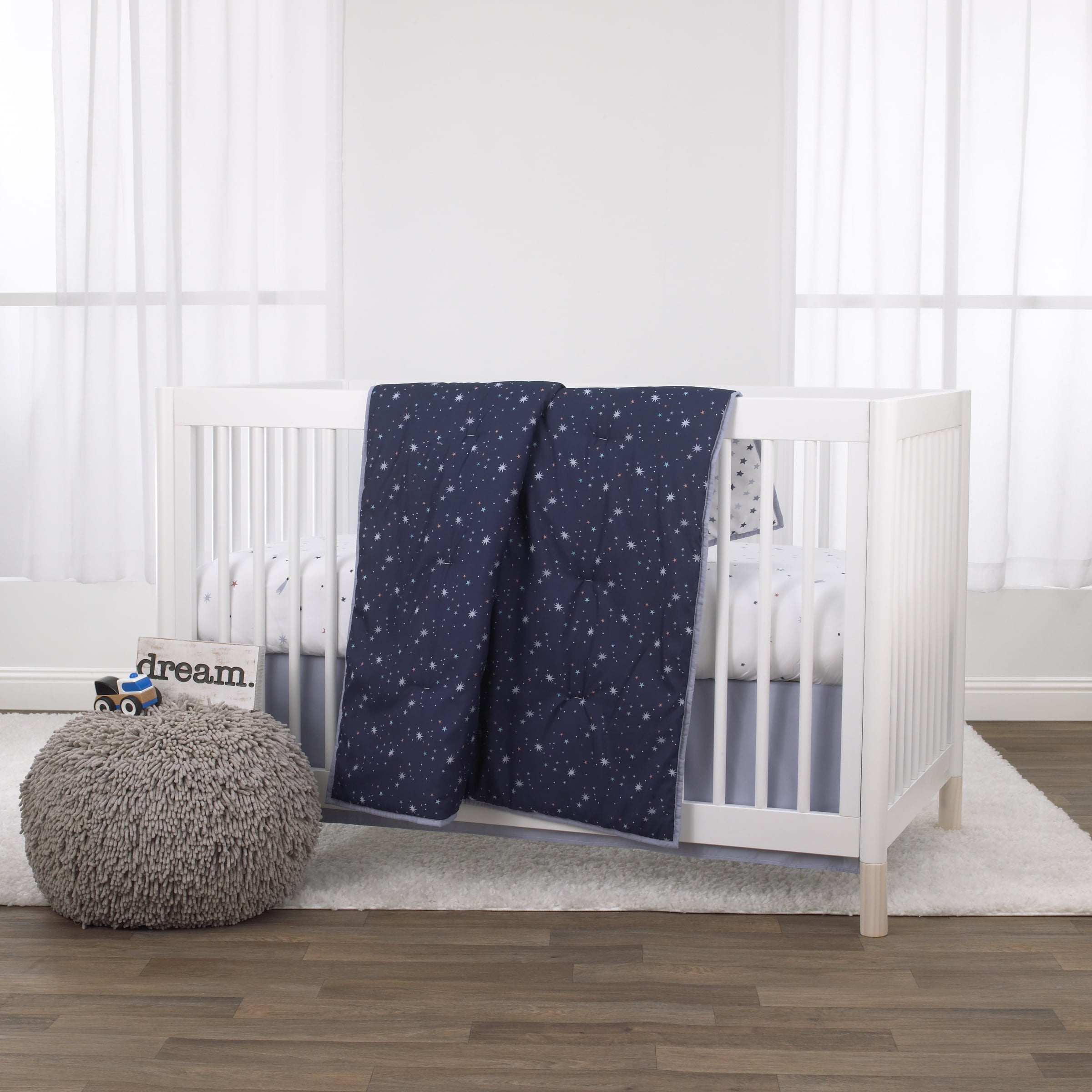 Little Love by NoJo Celestial 3 Piece Crib Bedding Set - Navy, Grey and White - Comforter, Fitted Crib Sheet and Dust Ruffle