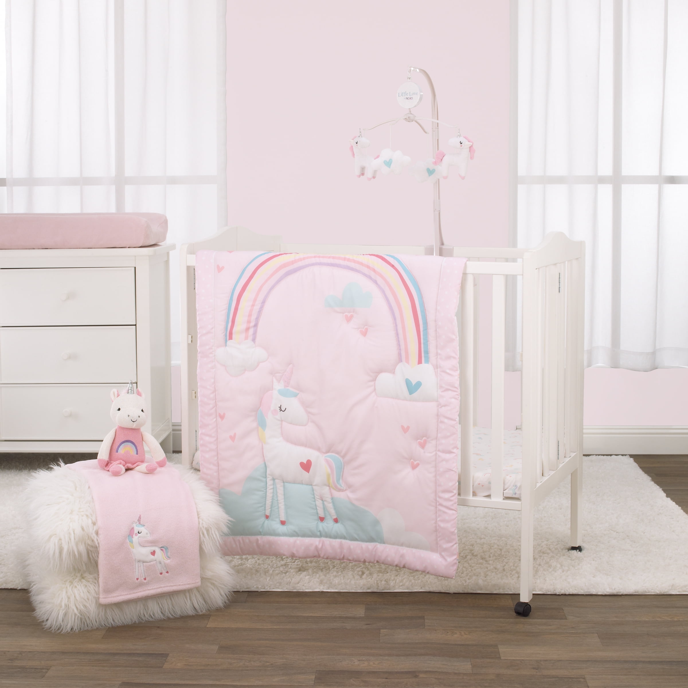 Little Love by NoJo Rainbow Unicorn Pink and Aqua 3 Piece Mini Porta Crib Bedding Set - Comforter and 2 Fitted Mini Crib Sheets, Infant Girl