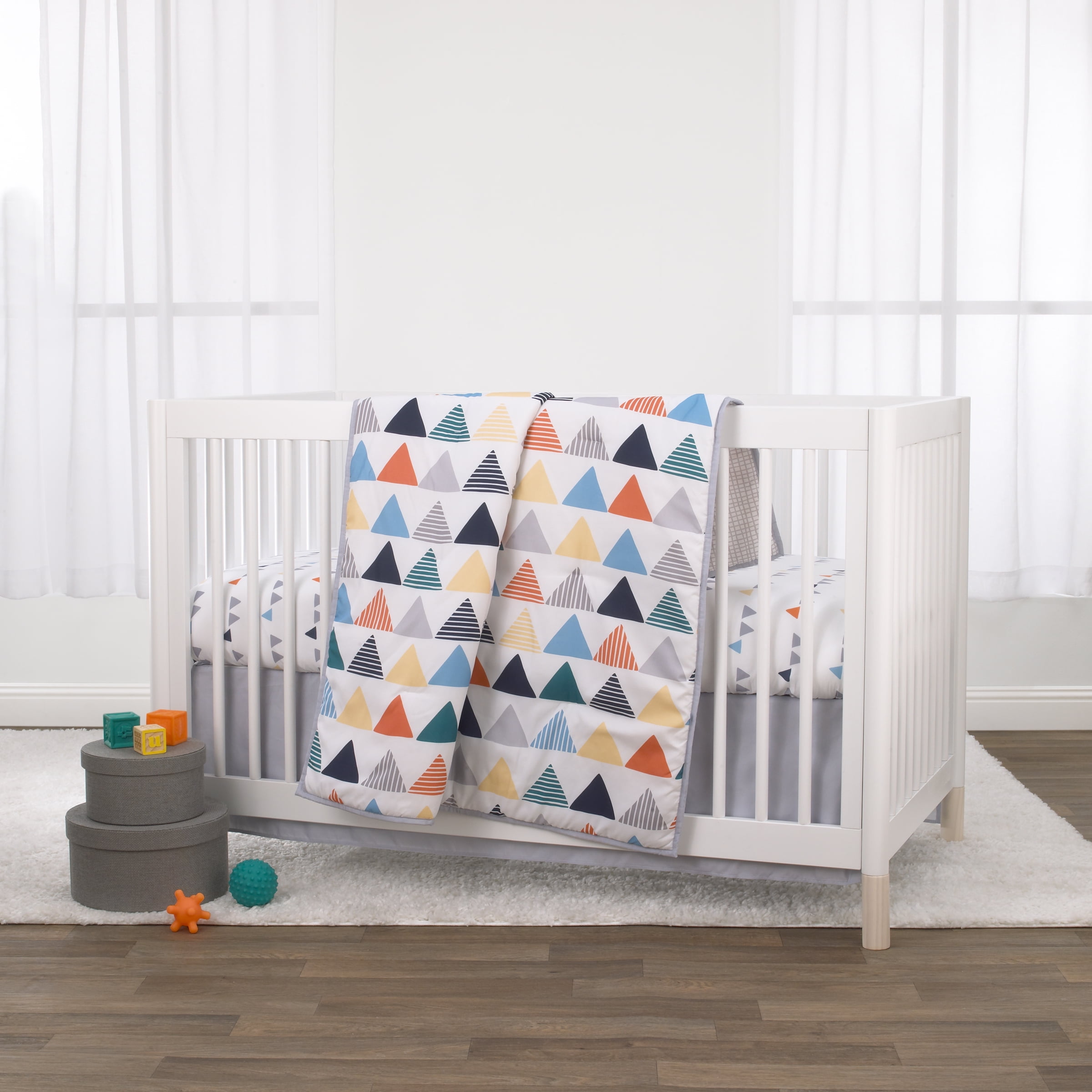 Little Love by NoJo Uni Triangles 3 Piece Crib Bedding Set - Navy, Orange, Grey and Yellow Triangles - Comforter, Fitted Crib Sheet and Dust Ruffle, Geo Print, Fits Crib, Unisex