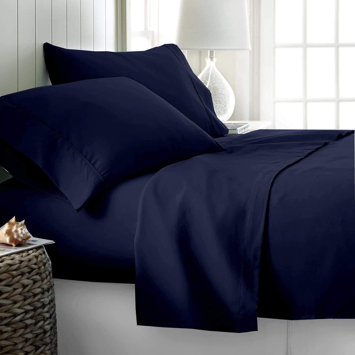 Luxury Bed Sheets Set - 800 Thread Count 100% Egyptian Cotton Sheets - 4 Piece Sheet Set Fits Mattress Upto 24 Inch Deep Pocket Sateen Weave for Soft Fitted Sheet - Navy Blue Solid King Size