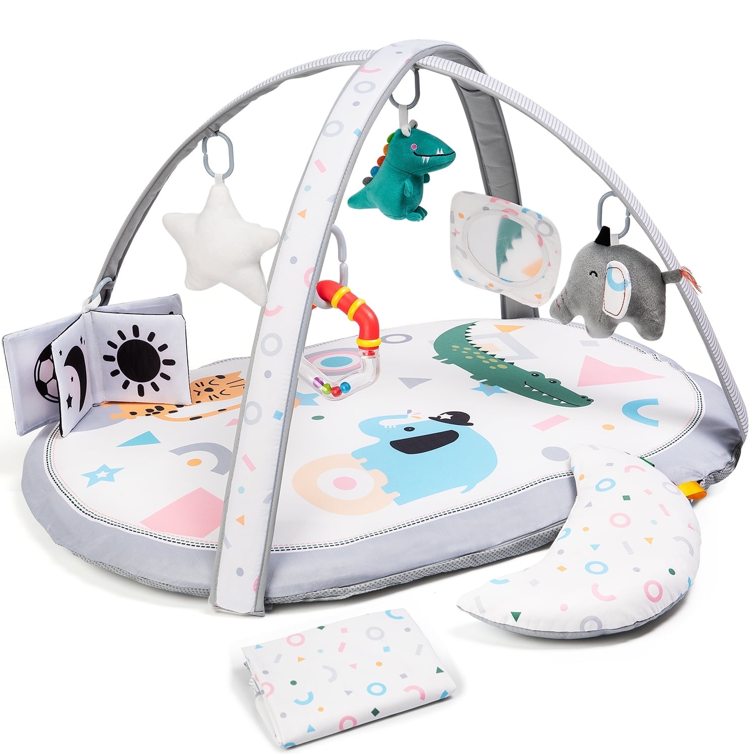 Lupantte 7-in-1 Baby Activity Gym, Baby Learning Toys Gym Mat with 6 Toys 2 Replaceable Washable Mat Covers,Baby Learn Mat, for Newborn