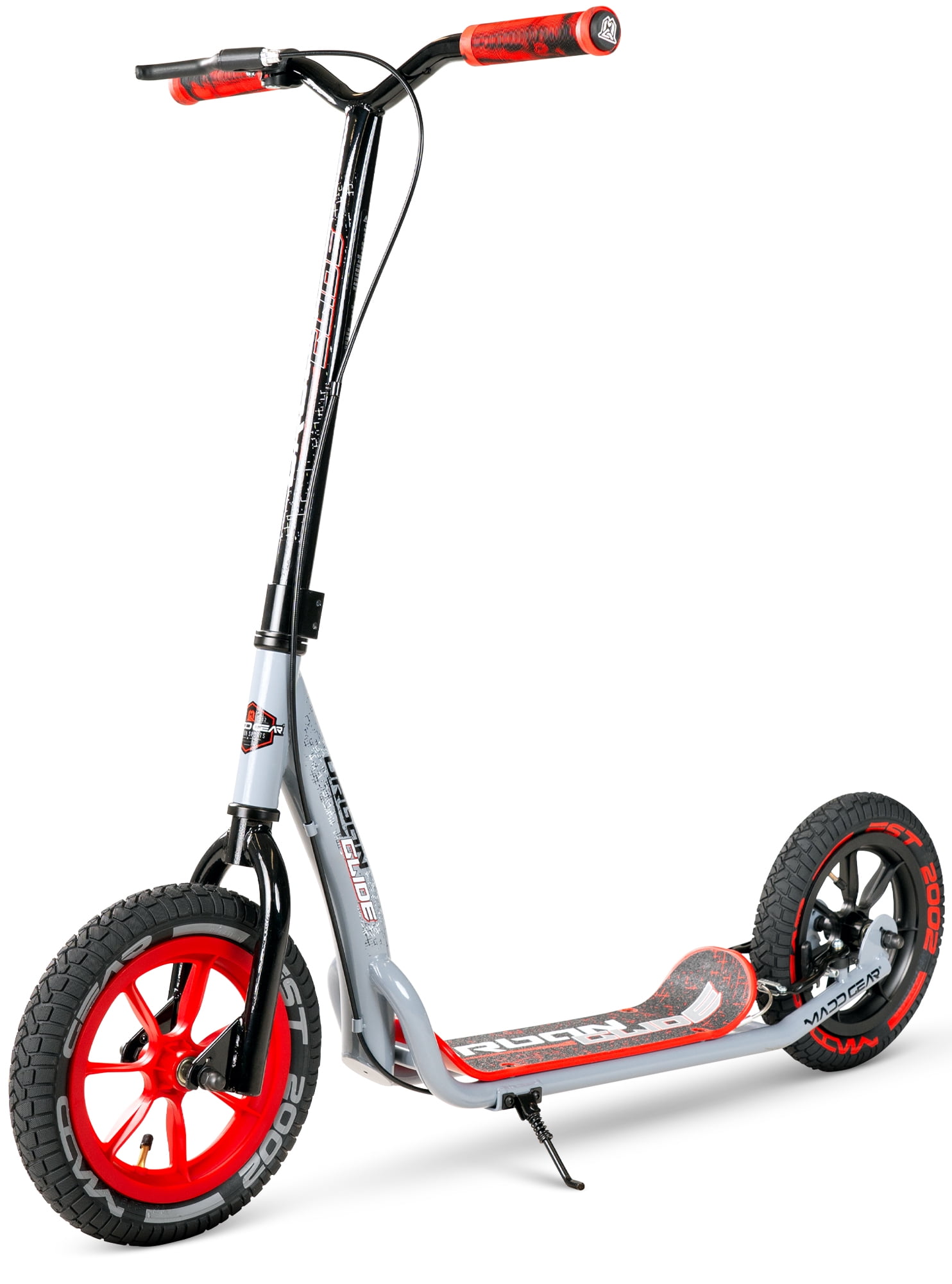 Large Kick Scooter for Adults & Teens – 12" Air-Filled Tires, Wide Deck, Handbrake, Kickstand – Madd Gear Urban Glide - Grey / Red
