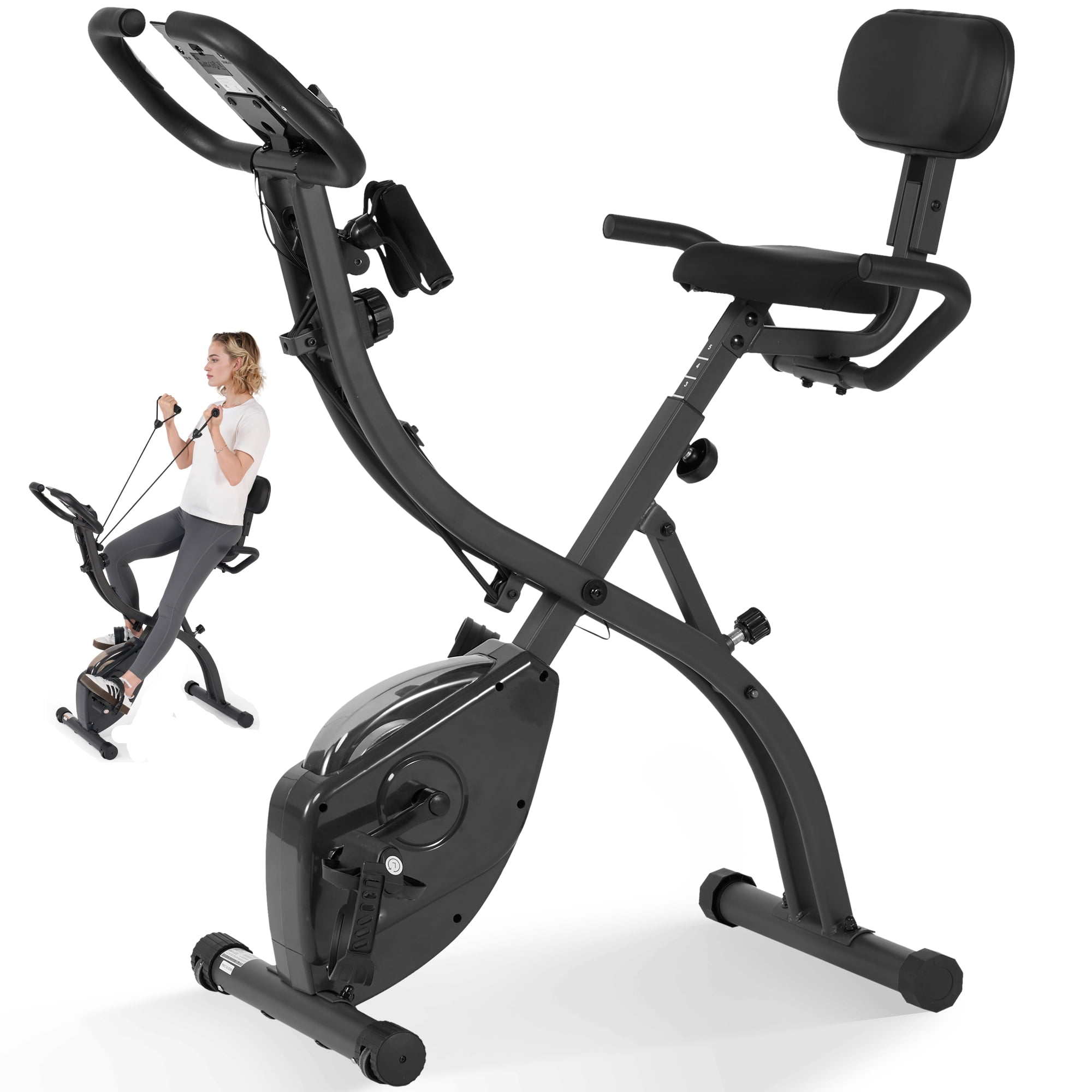 MaxKare 3 in 1 Exercise Bike Quiet Folding Magnetic Stationary Exercise Bikes with Arm Resistance Bands Home Workout Use