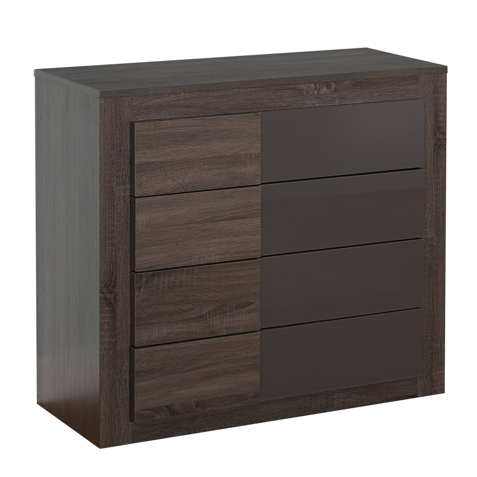 TMS Maya Boho 4-Drawer Dresser with High Gloss Gray Accents, Dark Sonoma Oak