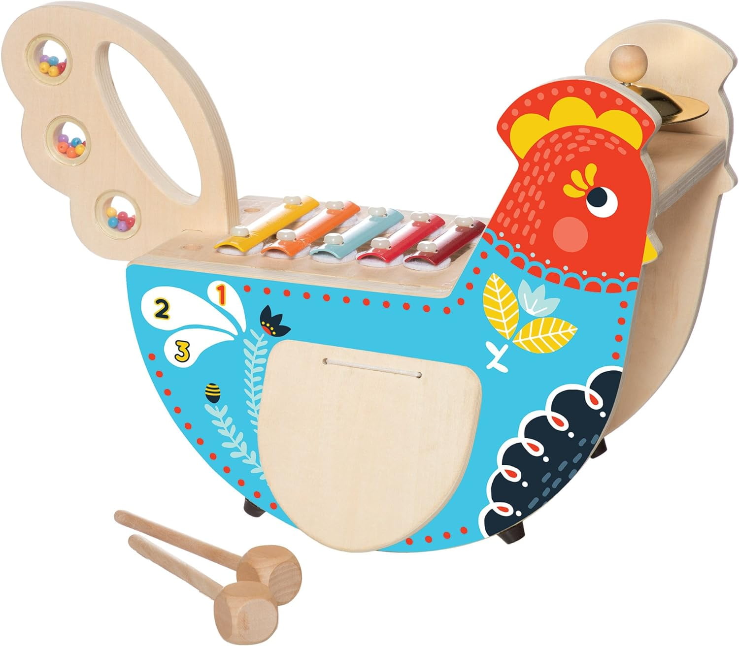 Manhattan Toy Musical Chicken Wooden Instrument for Toddlers with Xylophone, Drumsticks, Cymbal and Maraca