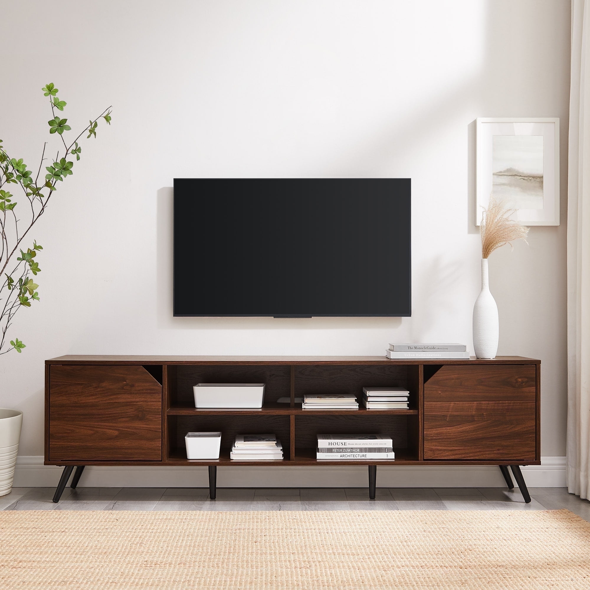 Walker Edison Mid-Century Modern Angle-Door TV Stand for TVs up to 80”, Dark Walnut