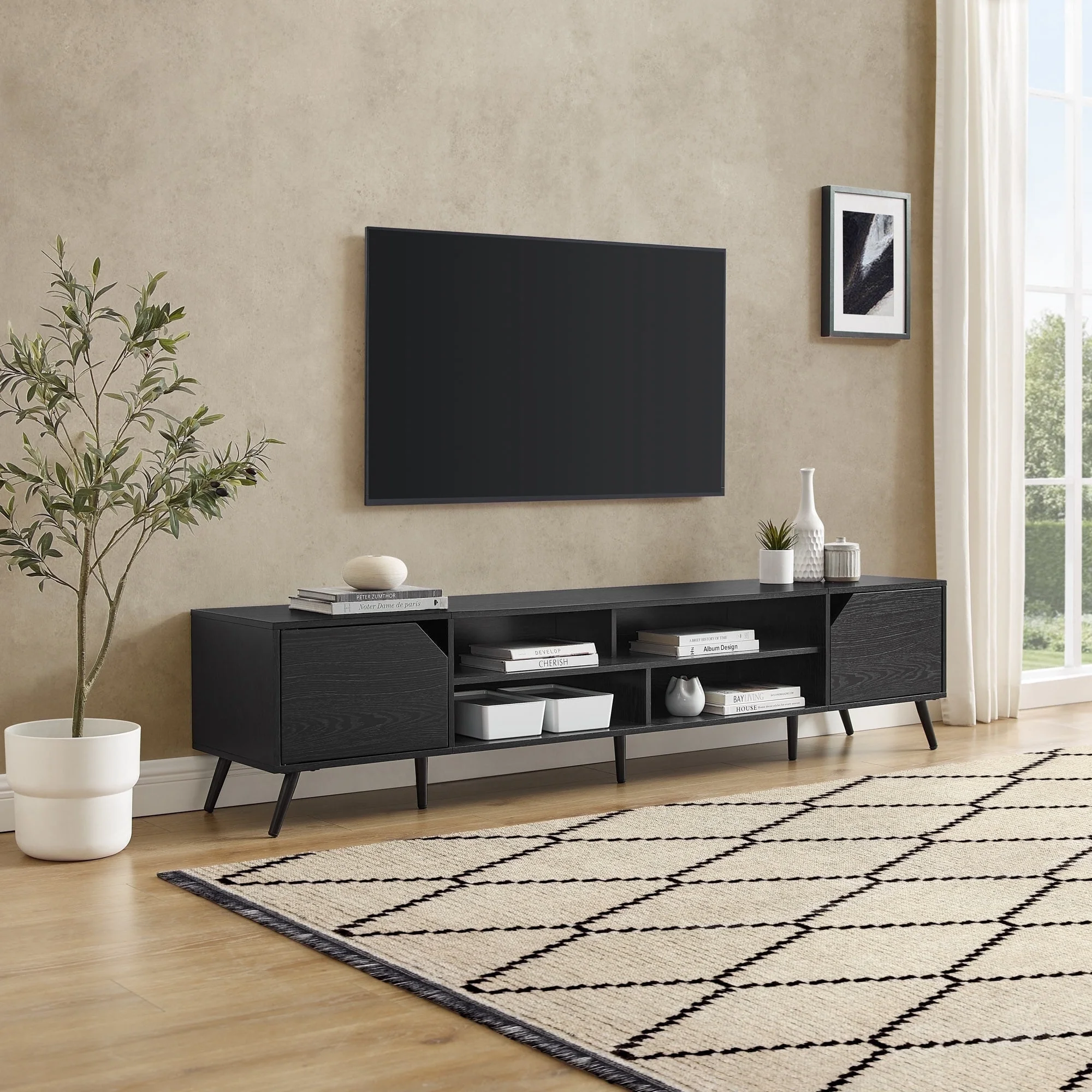 Walker Edison Mid-Century Modern 2-Door TV Stand for TVs up to 90”, Black